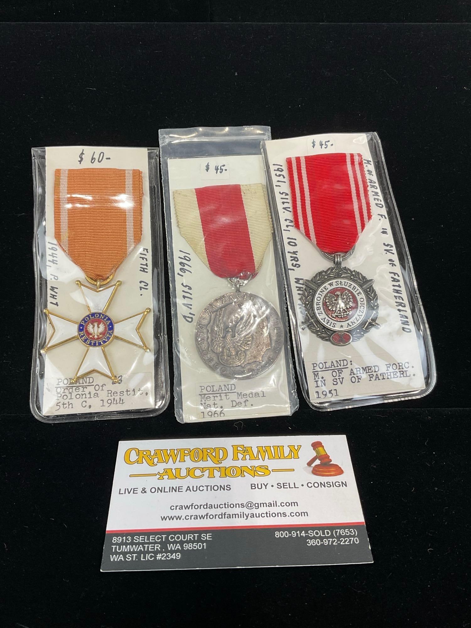 3 Polish Medals, Order of Polonia Restit. 5th Cl 1944, Merit Nat. Def. 1966 & Armed F. in Service...: All from a single collection, these are briefly described on the tag and were kept in a display. They measure approx 6h x 3w x 2d inches. See pics. E-5300 