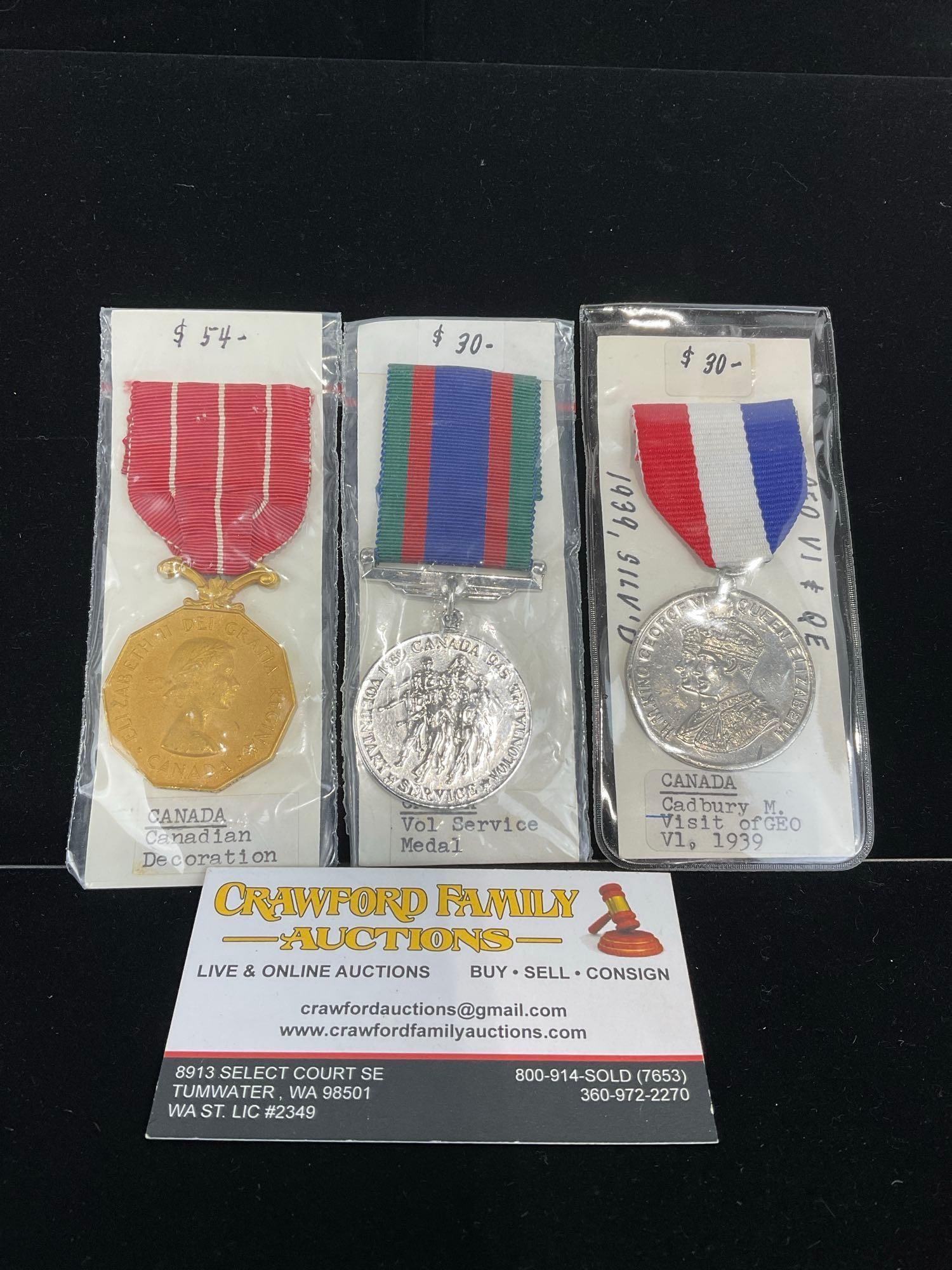 3 Canadian Medals, Canadian Decoration, Volunteer Service M. & Cadbury Medal Visit of George VI 1...: All from a single collection, these are briefly described on the tag and were kept in a display. They measure approx 6h x 3w x 2d inches. See pics. E-5300 