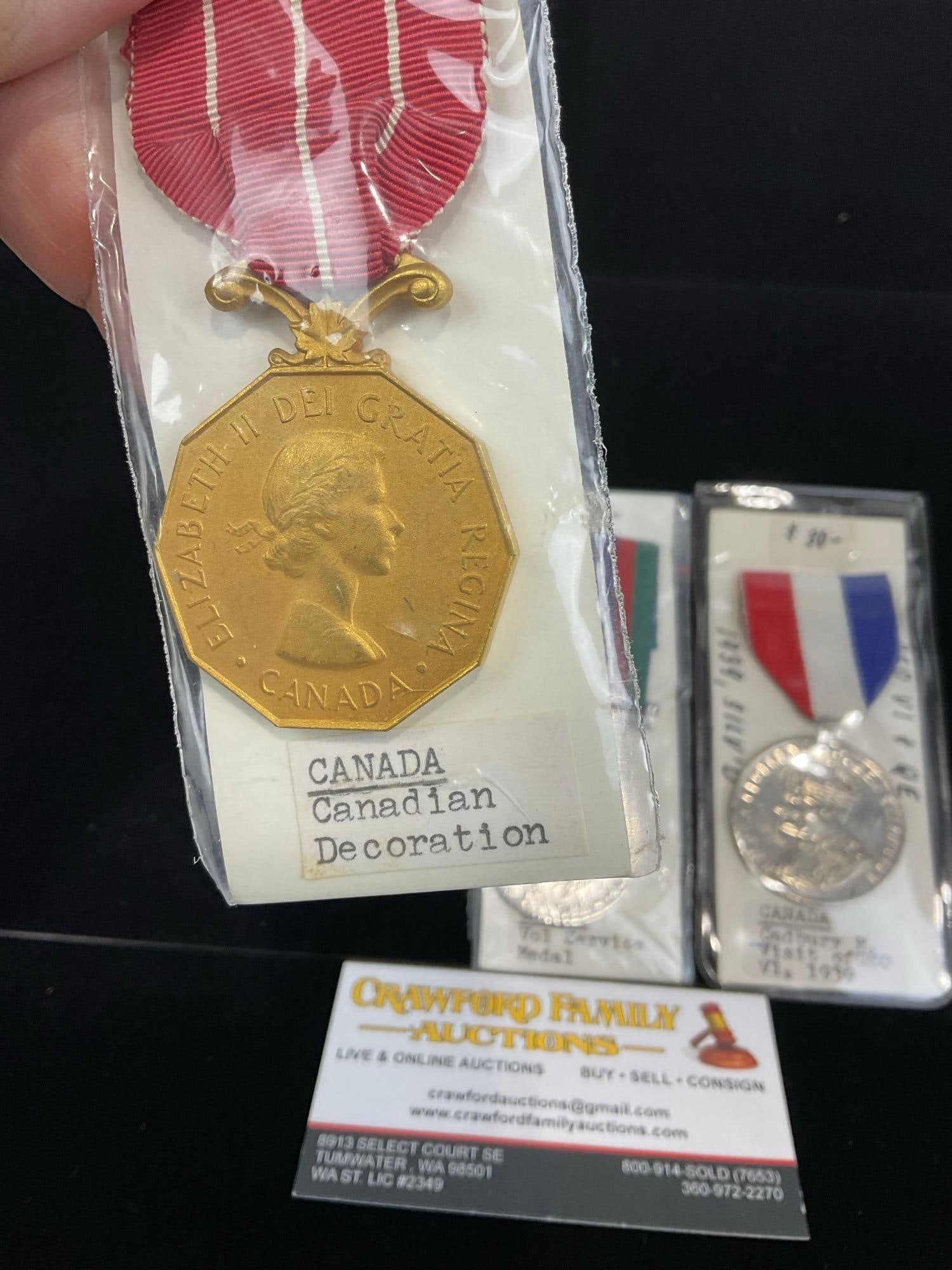 3 Canadian Medals, Canadian Decoration, Volunteer Service M. & Cadbury Medal Visit of George VI 1... - 2
