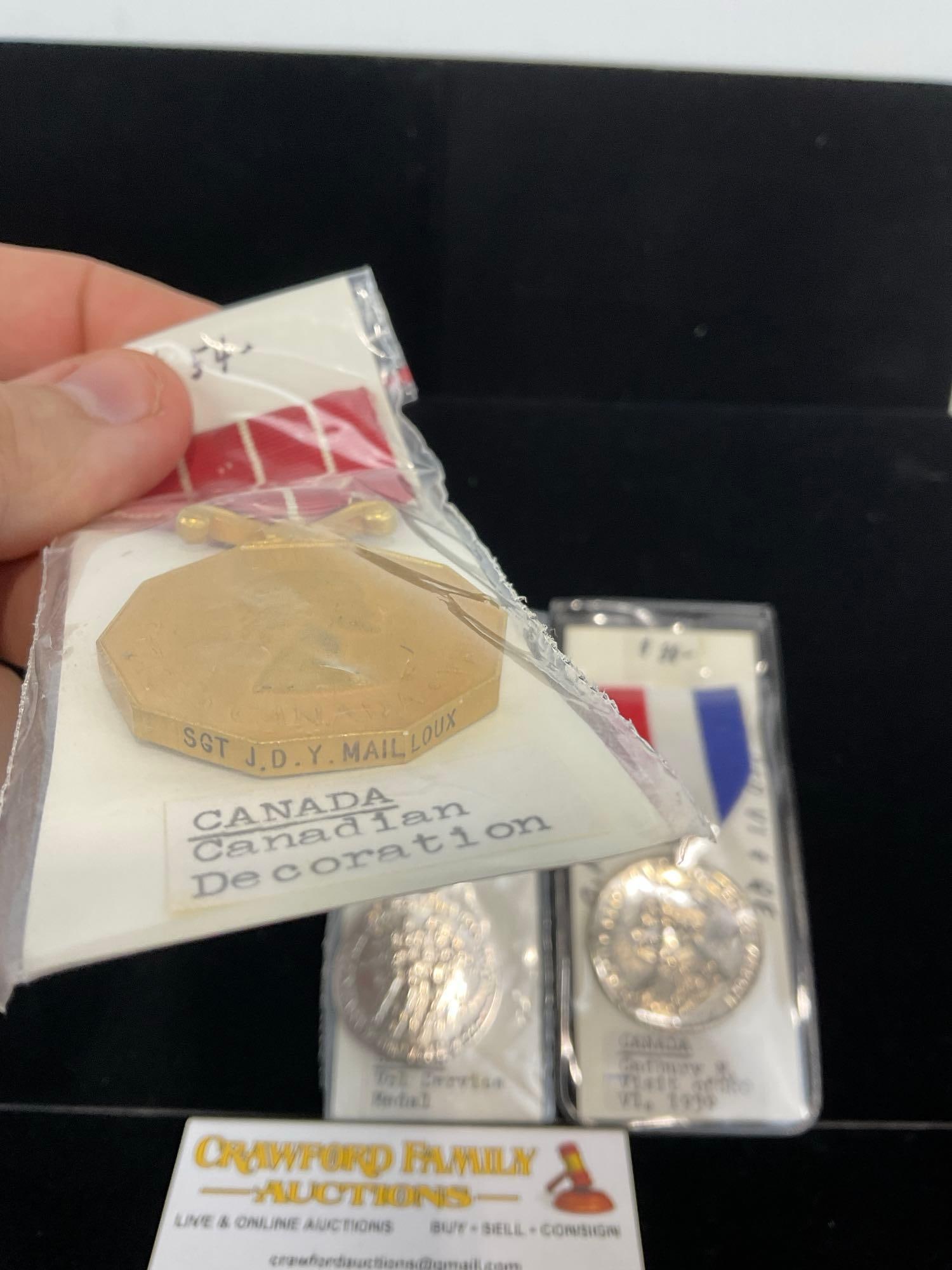 3 Canadian Medals, Canadian Decoration, Volunteer Service M. & Cadbury Medal Visit of George VI 1... - 3
