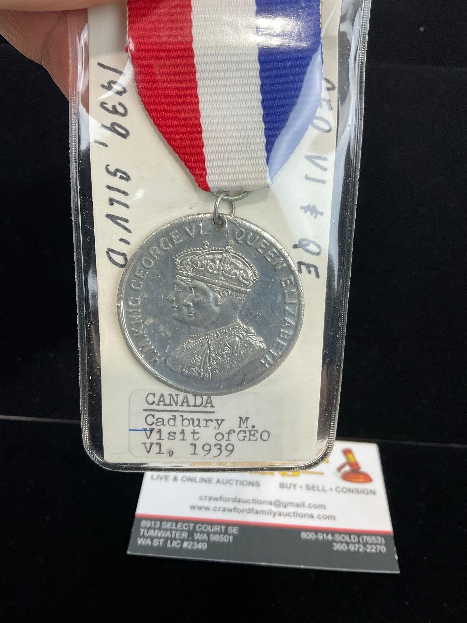 3 Canadian Medals, Canadian Decoration, Volunteer Service M. & Cadbury Medal Visit of George VI 1... - 5
