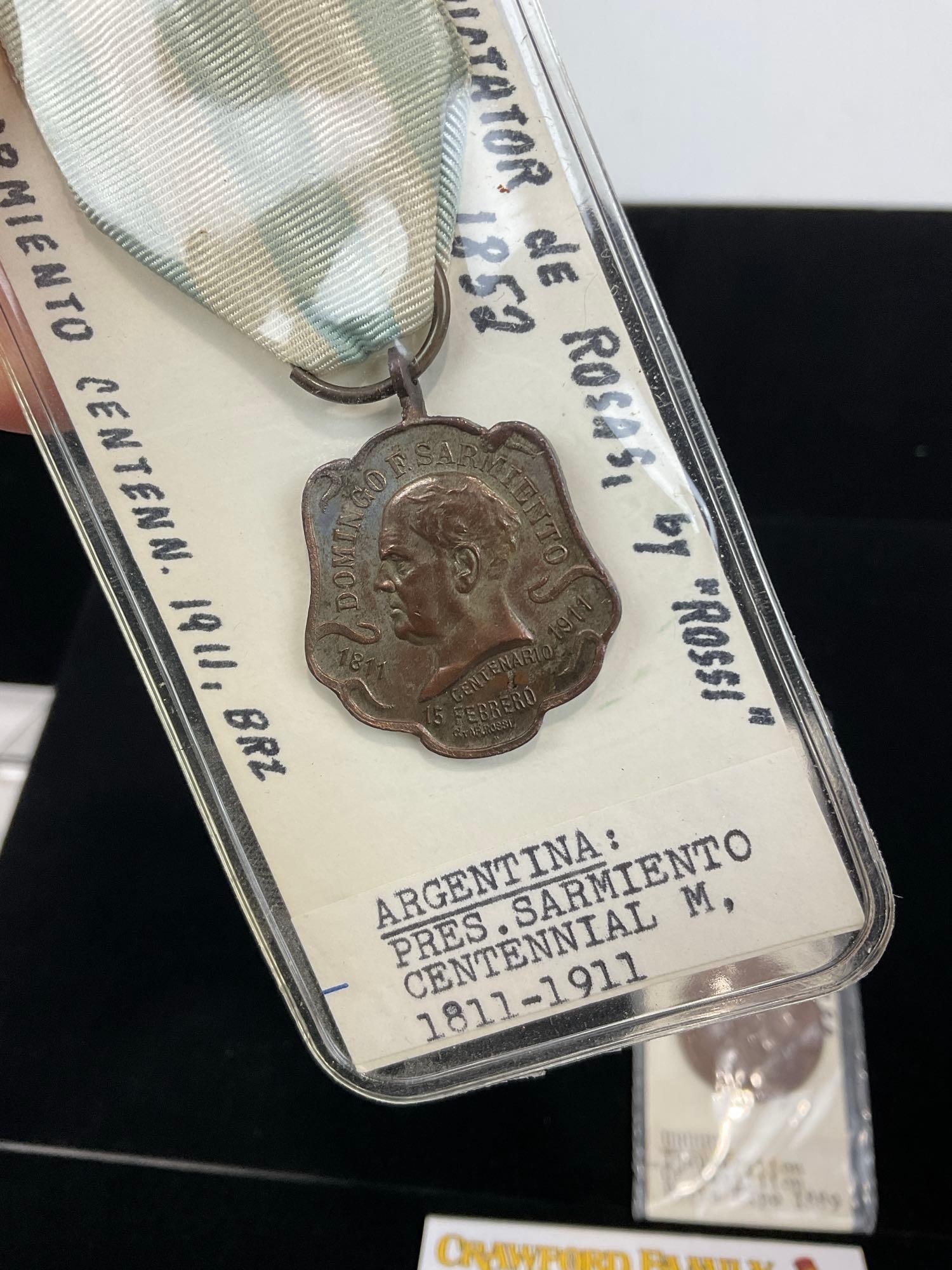 Pair of Medals, Argentina Pres Sarmiento Cent. 1811-1911 & Uruguay Inaug. of Pav. Paris Expo 1889 - 2