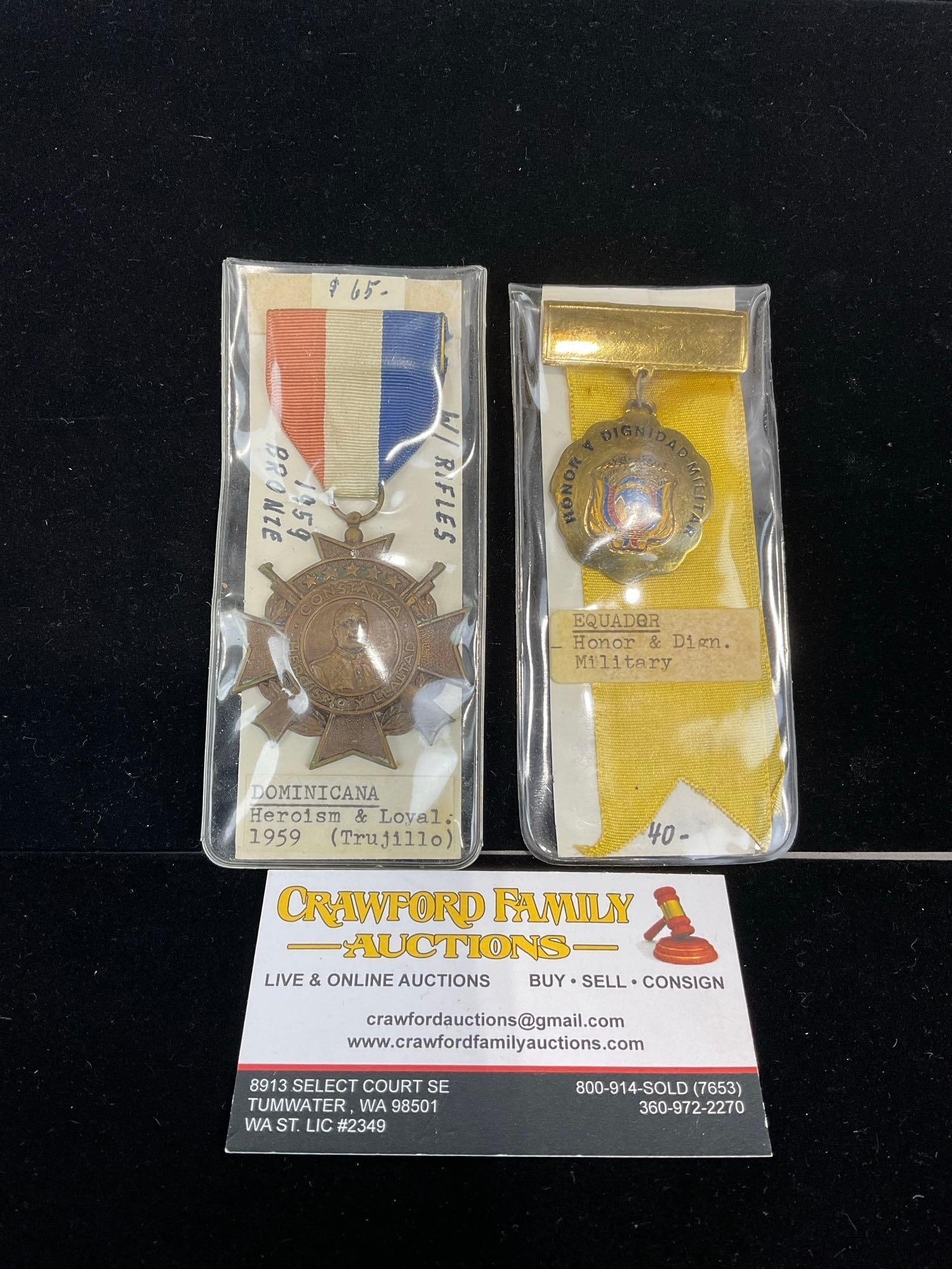 Pair of Medals, Ecuador Honor & Dignity Military & Domincana Heroism & Loyalty 1959 (Trujillo): All from a single collection, these are briefly described on the tag and were kept in a display. They measure approx 6h x 3w x 2d inches. See pics. E-5300