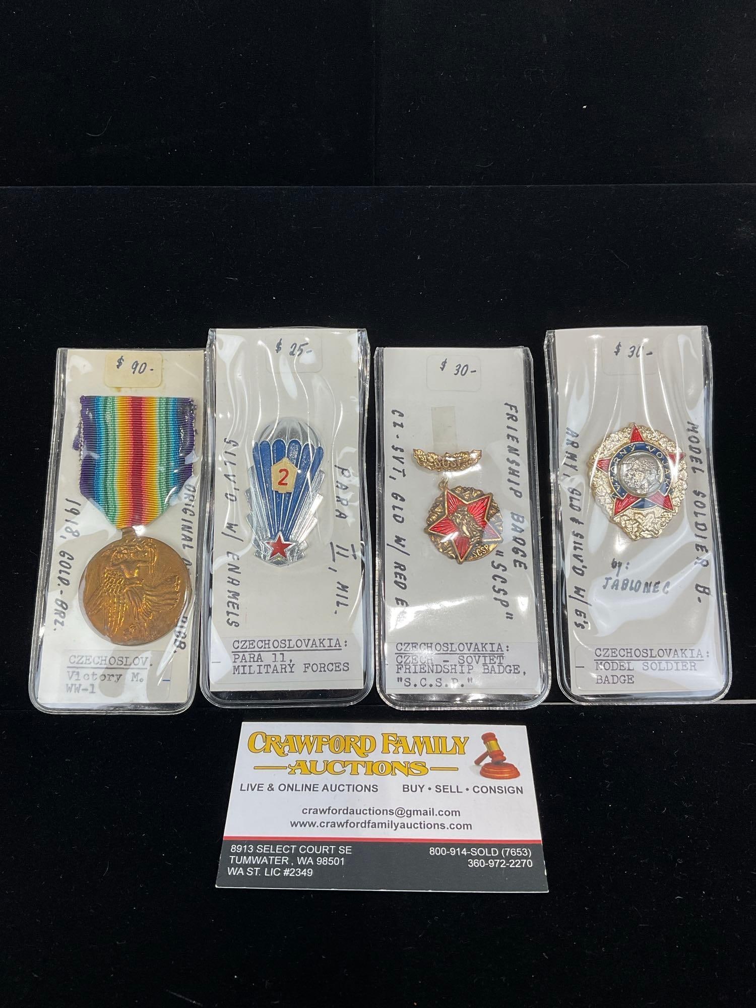 3 Czechoslovak. Badges & 1 WW1 Victory Medal, Para 11 Mil, Czech/Soviet Friendship & Model Soldier: All from a single collection, these are briefly described on the tag and were kept in a display. They measure approx 6h x 3w x 2d inches. See pics. E-5300 