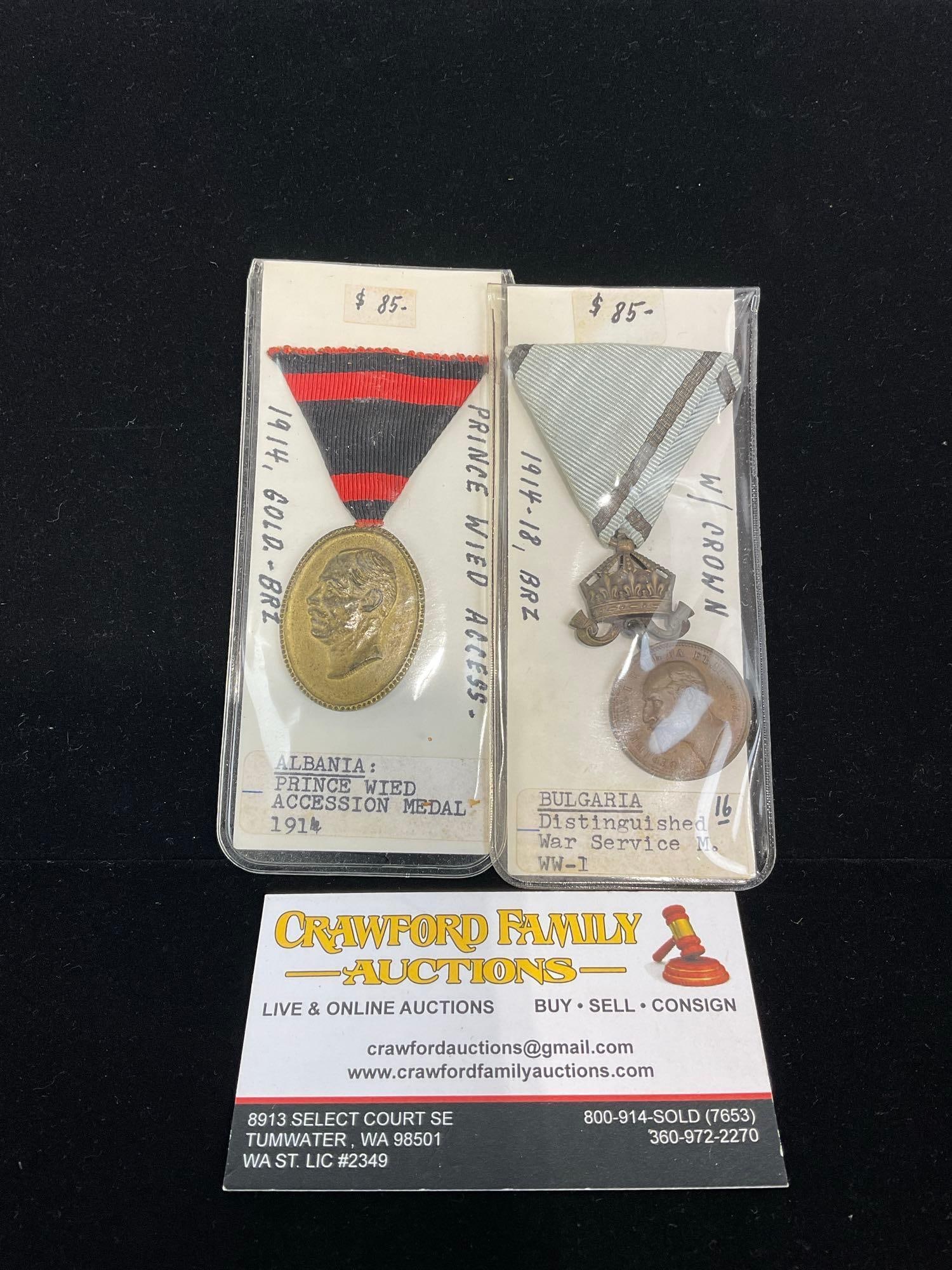 Pair of Medals, Albania Prince Wied Accession Medal 1914 & Bulgarian Distinguished War Service WW1: All from a single collection, these are briefly described on the tag and were kept in a display. They measure approx 6h x 3w x 2d inches. See pics. E-5300