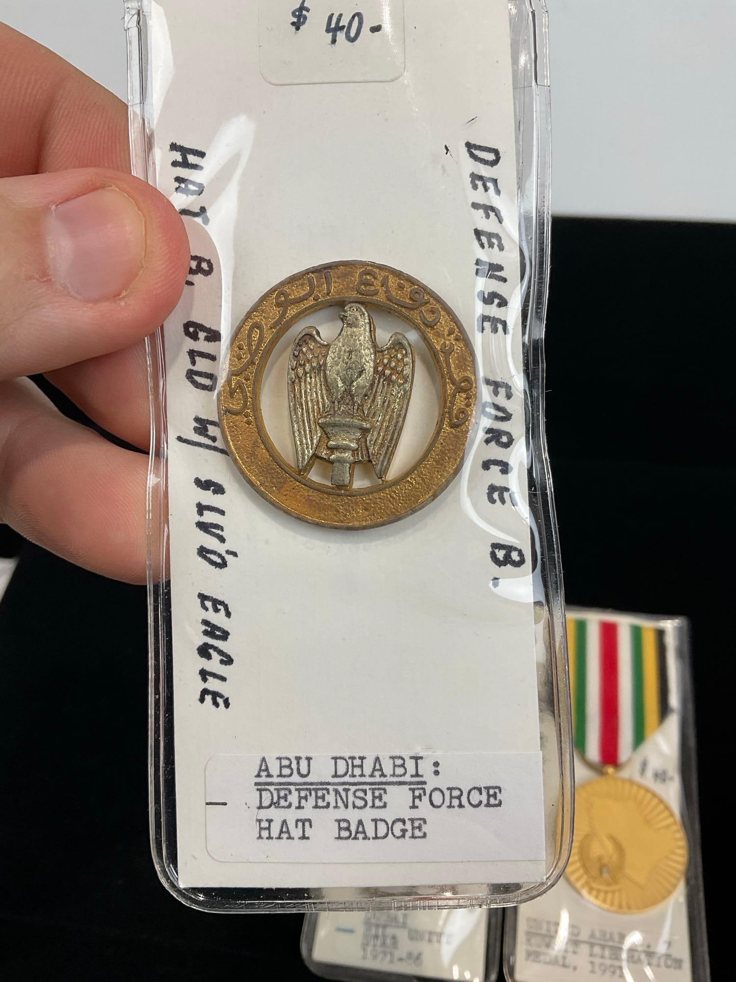 2 Medals, Dubai Mil Unity Star 71-86, UAE Kuwait Liberation Medal 1991 & Abu Dhabi Hat Badge Defe... - 2