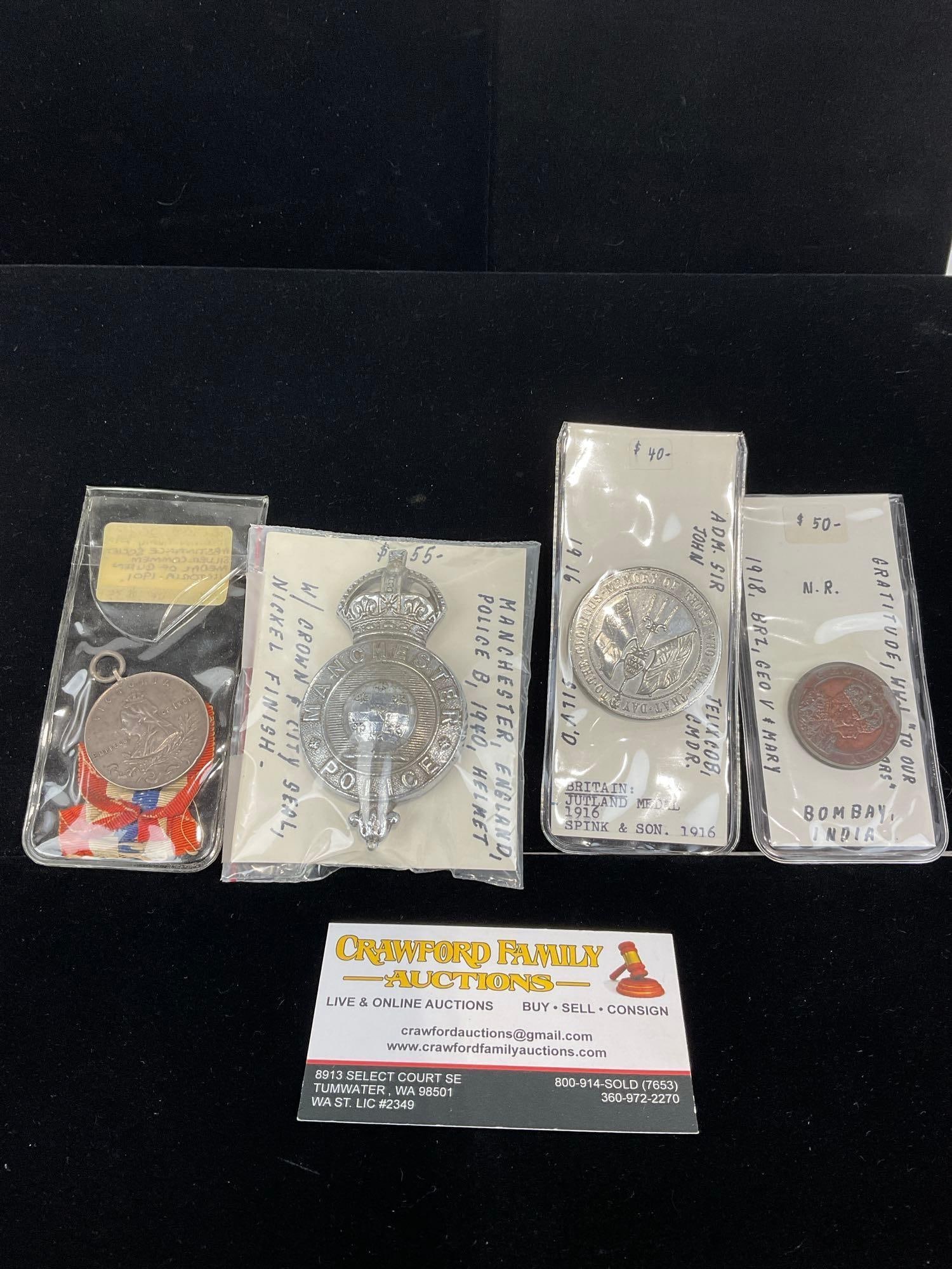 British Manc. Police Badge, Jutland Medal 1916, Bombay India Bronze Coin & Victoria Empress of In...: All from a single collection, these are briefly described on the tag and were kept in a display. They measure approx 6h x 3w x 2d inches. See pics. E-5300 