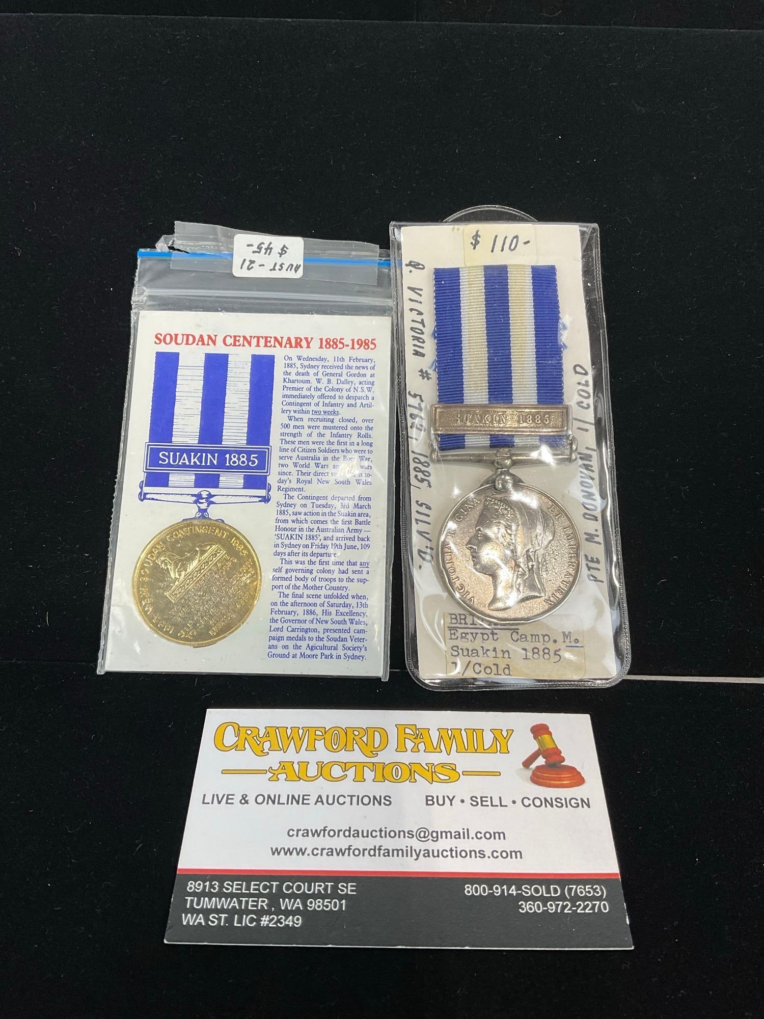 Antique Egyptian Campaign, Suakin 1885 Badge & Centenary Coin 1885-1985: All from a single collection, these are briefly described on the tag and were kept in a display. They measure approx 6h x 3w x 2d inches. See pics. E-5300 