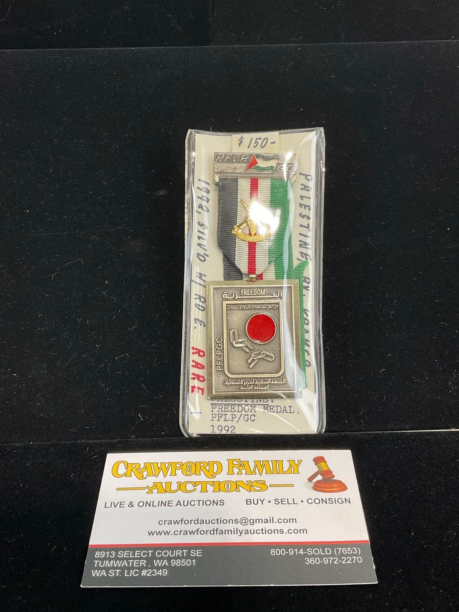 Rare Palestine Medal, Freedom Medal PFLP/GC 1992, Silvered w/ Red Enamel: All from a single collection, these are briefly described on the tag and were kept in a display. They measure approx 6h x 3w x 2d inches. See pics. E-5300 