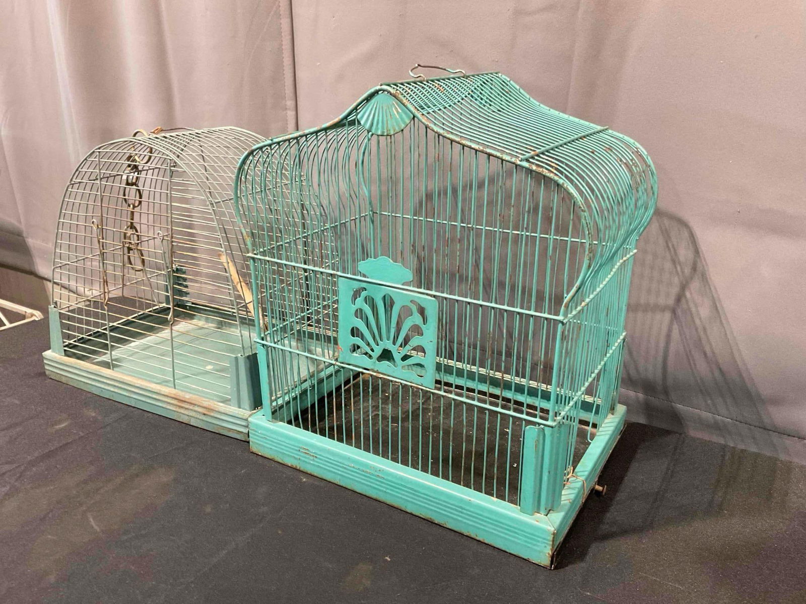 2 pcs Vintage Teal Painted Metal Wire Bird Cages, 1x Crown. Good Condition. See pics. - 2