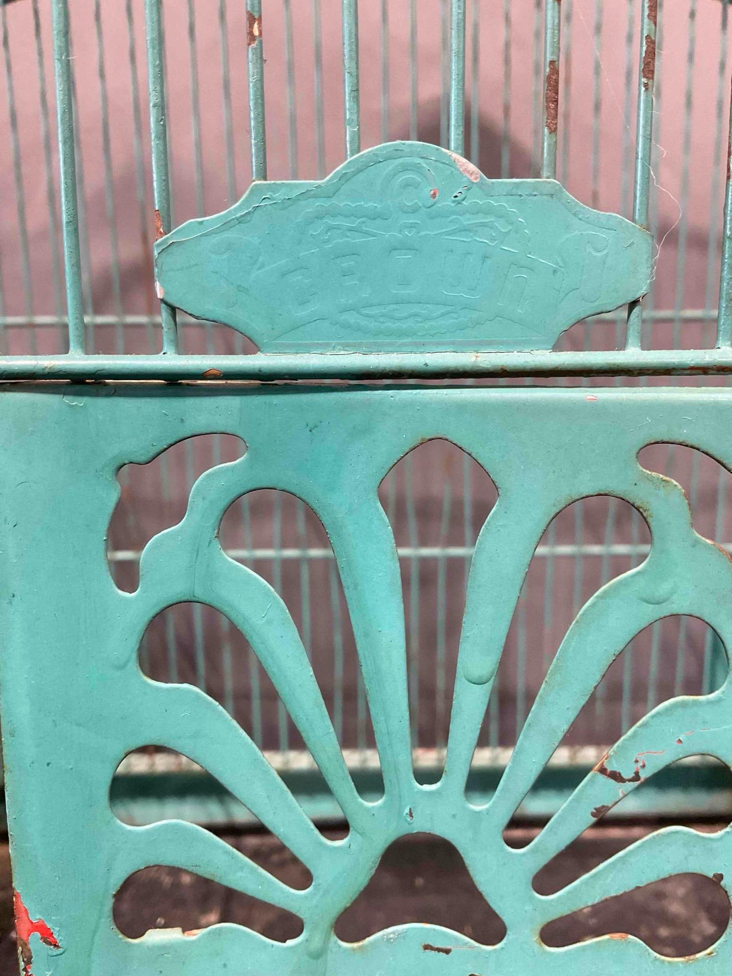 2 pcs Vintage Teal Painted Metal Wire Bird Cages, 1x Crown. Good Condition. See pics. - 4