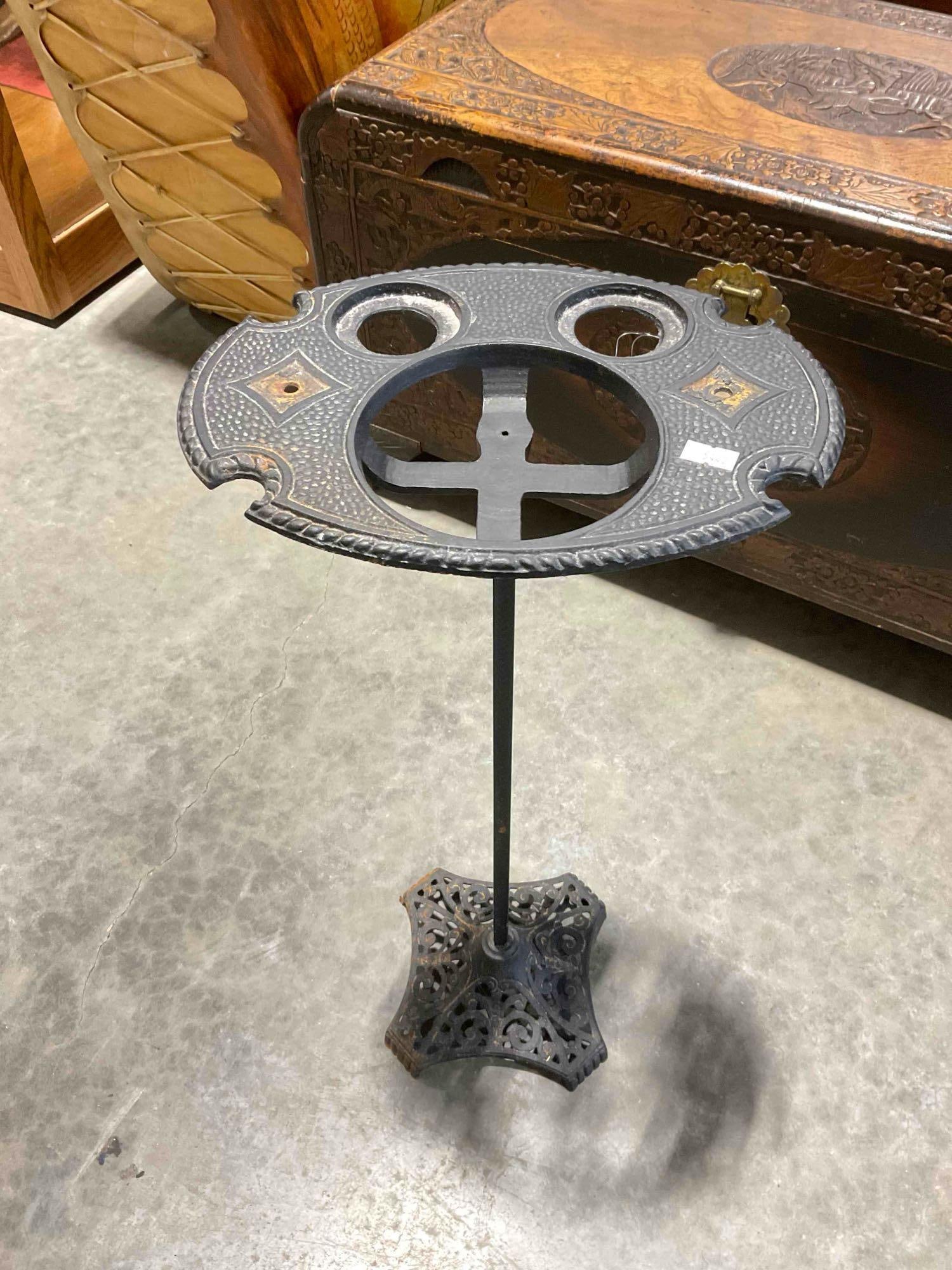 Vintage Black Metal Ash Tray Stand w/ Filigree Base. Good Condition. Measures 12" x 9" x 25" (1 of 4)