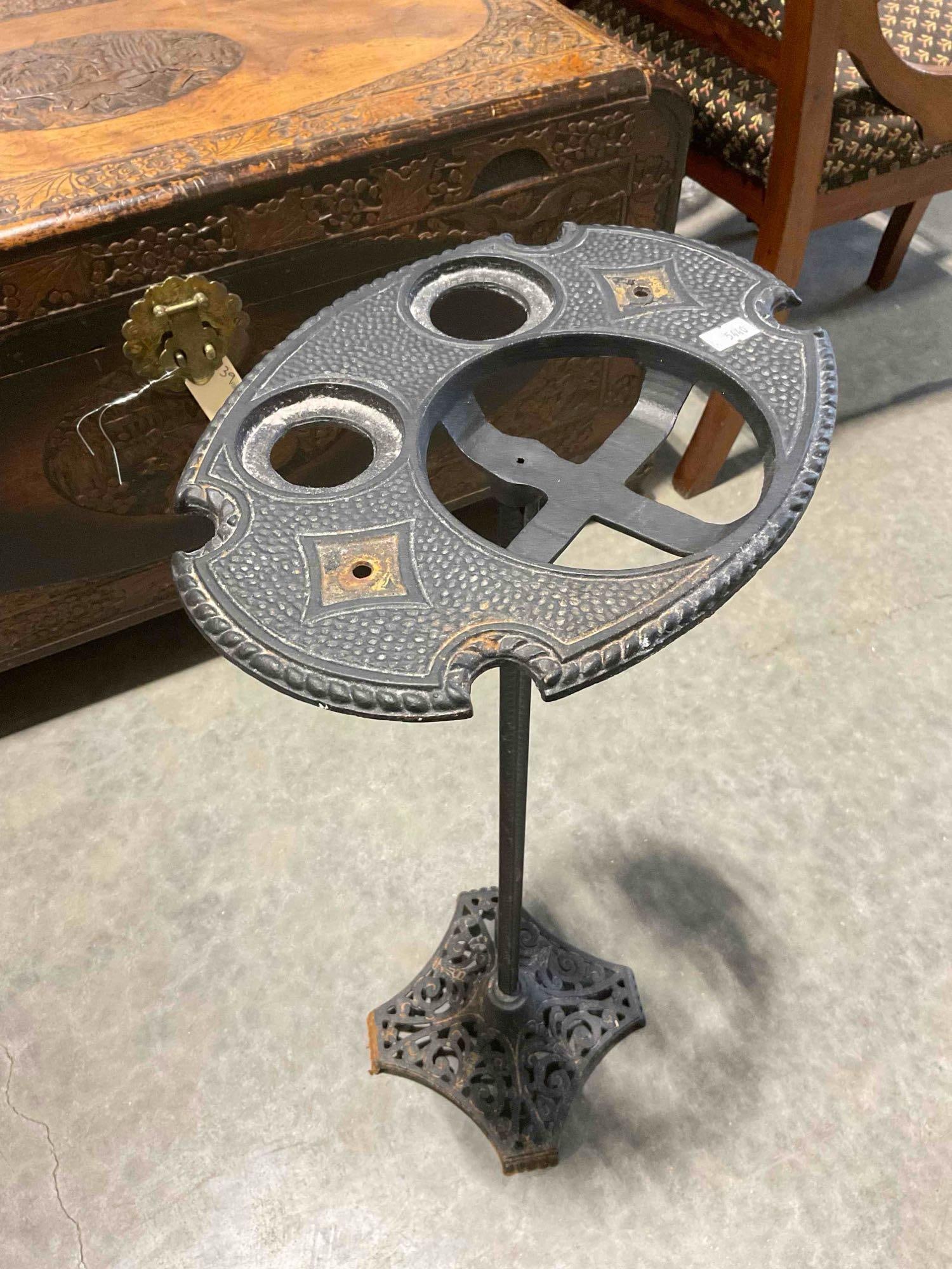 Vintage Black Metal Ash Tray Stand w/ Filigree Base. Good Condition. Measures 12" x 9" x 25" - 3