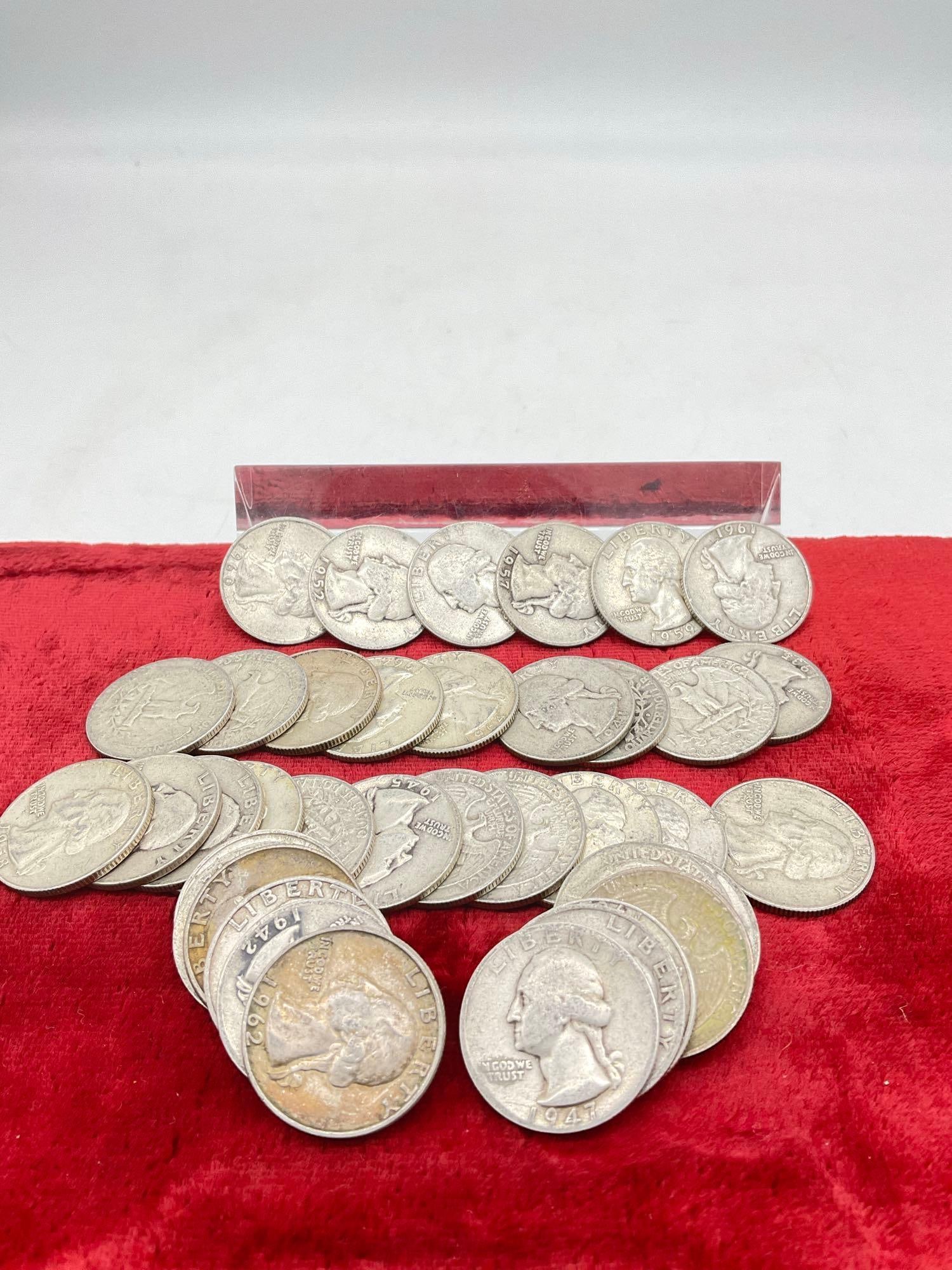 40 x Pre 1964 Silver Washington quarters assorted dates & Mint Marks: c-5180 