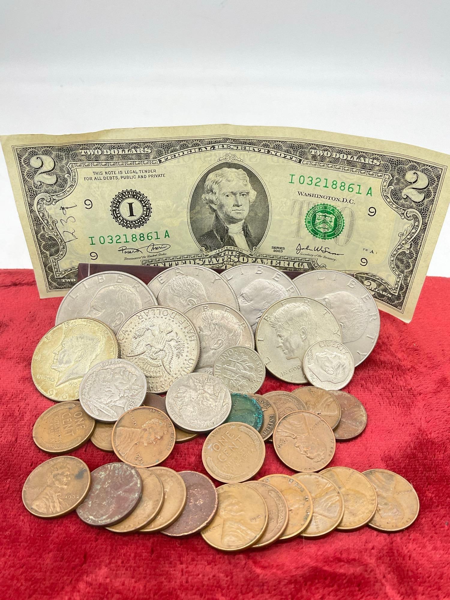 collection US coins Silver Half's, Dimes, Eisenhower's, Wheat & Indian Head pennies+ Buffalo Nick...: c-5180 2x 40%Silver 1965 & 67 Kennedy Half Dollars 2x 90% Silver Kennedy Half Dollars 2x Silver Roosevelt Dimes 2003 $2 Bill 2 x 1907 & 1882 Indian head pennies 20x what penn