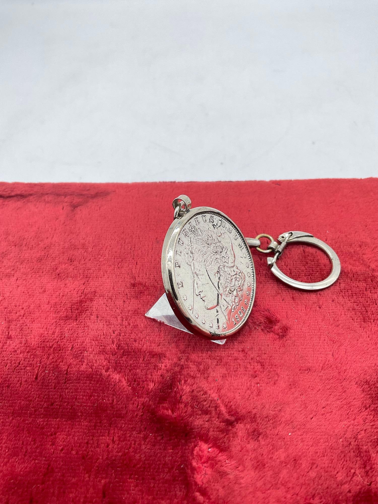 Polished 1921-D Silver Morgan Dollar in a key chain Bezel - 2