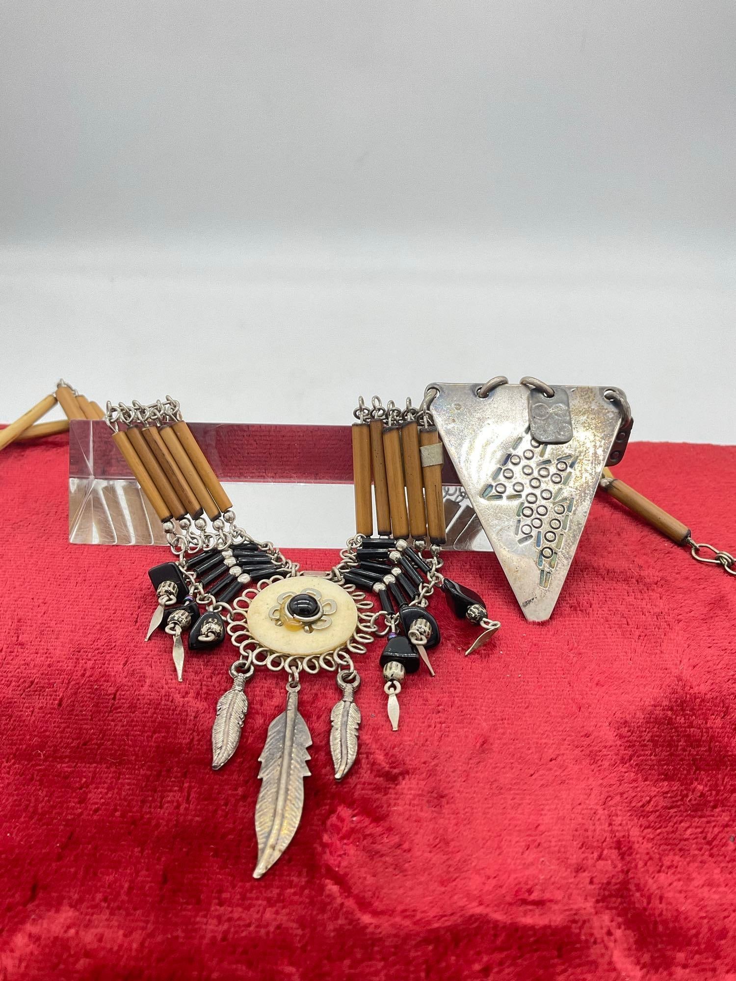 Native American Inspired Hair pipe necklace w/ feather tassels & Triangle Sterling Signed Brooch (1 of 3)