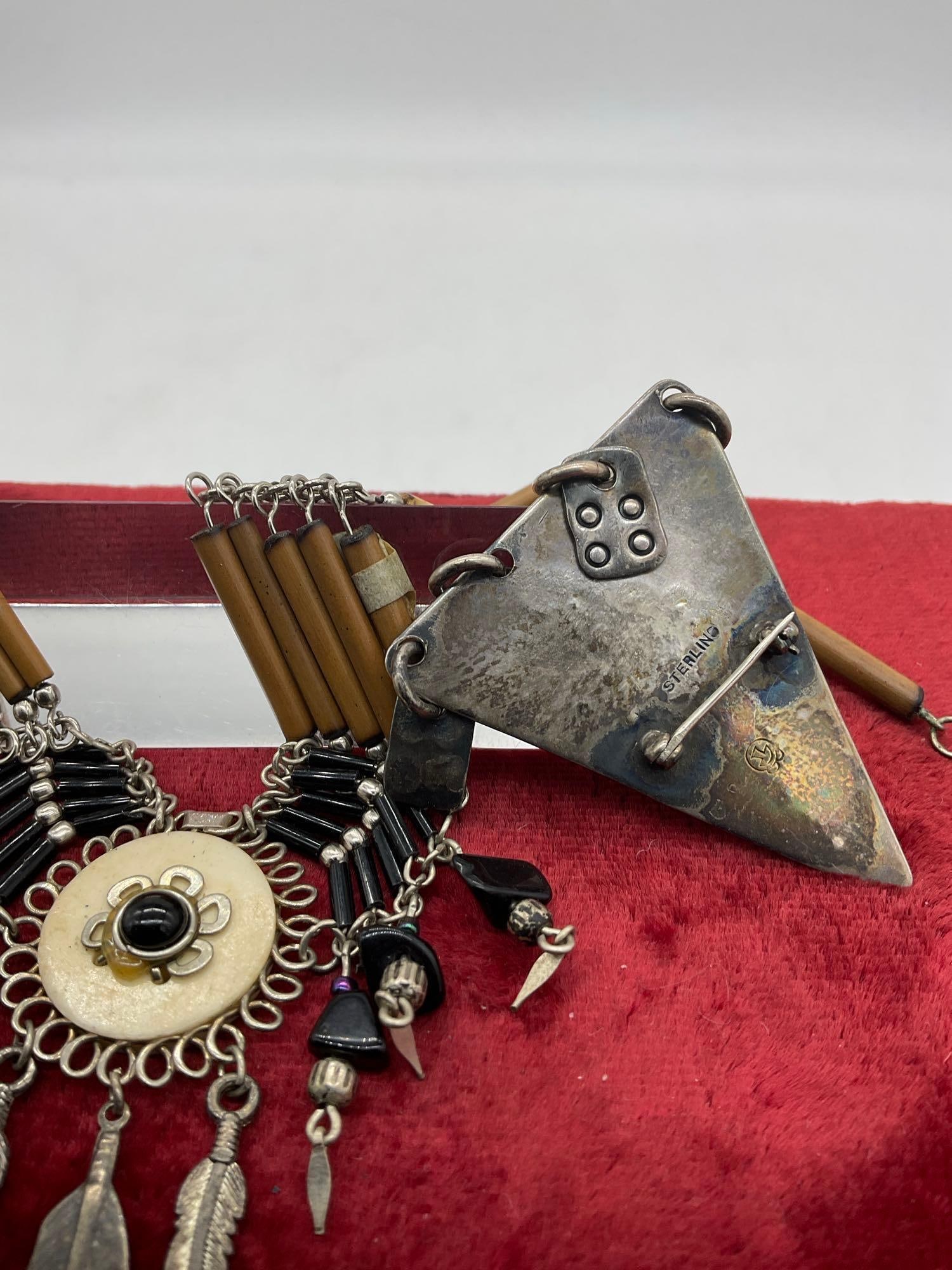 Native American Inspired Hair pipe necklace w/ feather tassels & Triangle Sterling Signed Brooch - 3