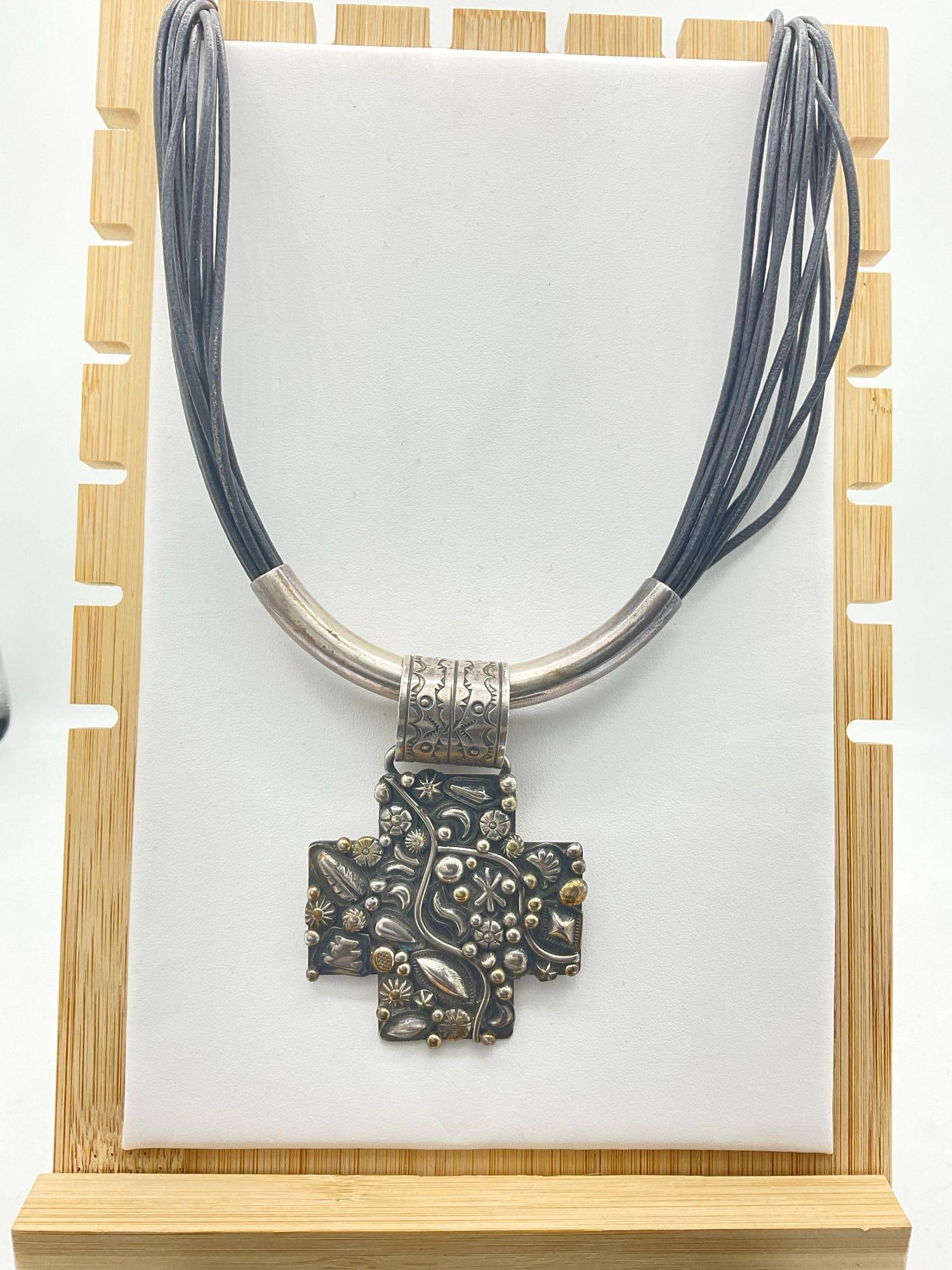 Signed Sterling Silver Choker Statement Necklace w/ Large Cross By Navajo Artist Ronnie Willie - 2