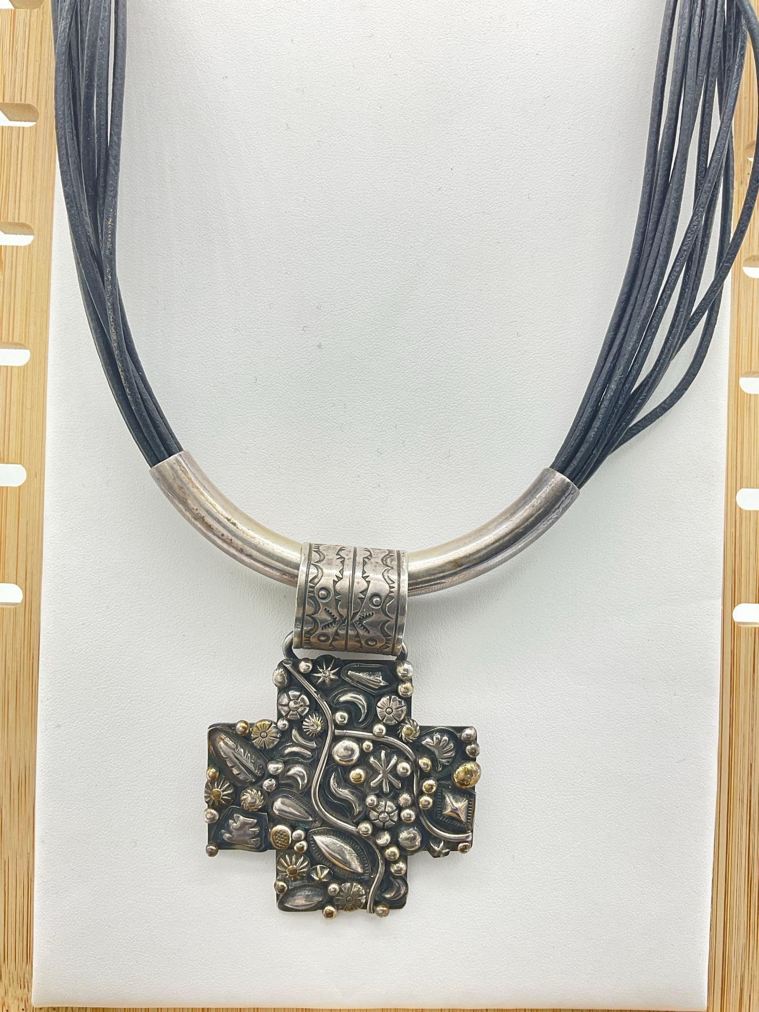 Signed Sterling Silver Choker Statement Necklace w/ Large Cross By Navajo Artist Ronnie Willie - 3