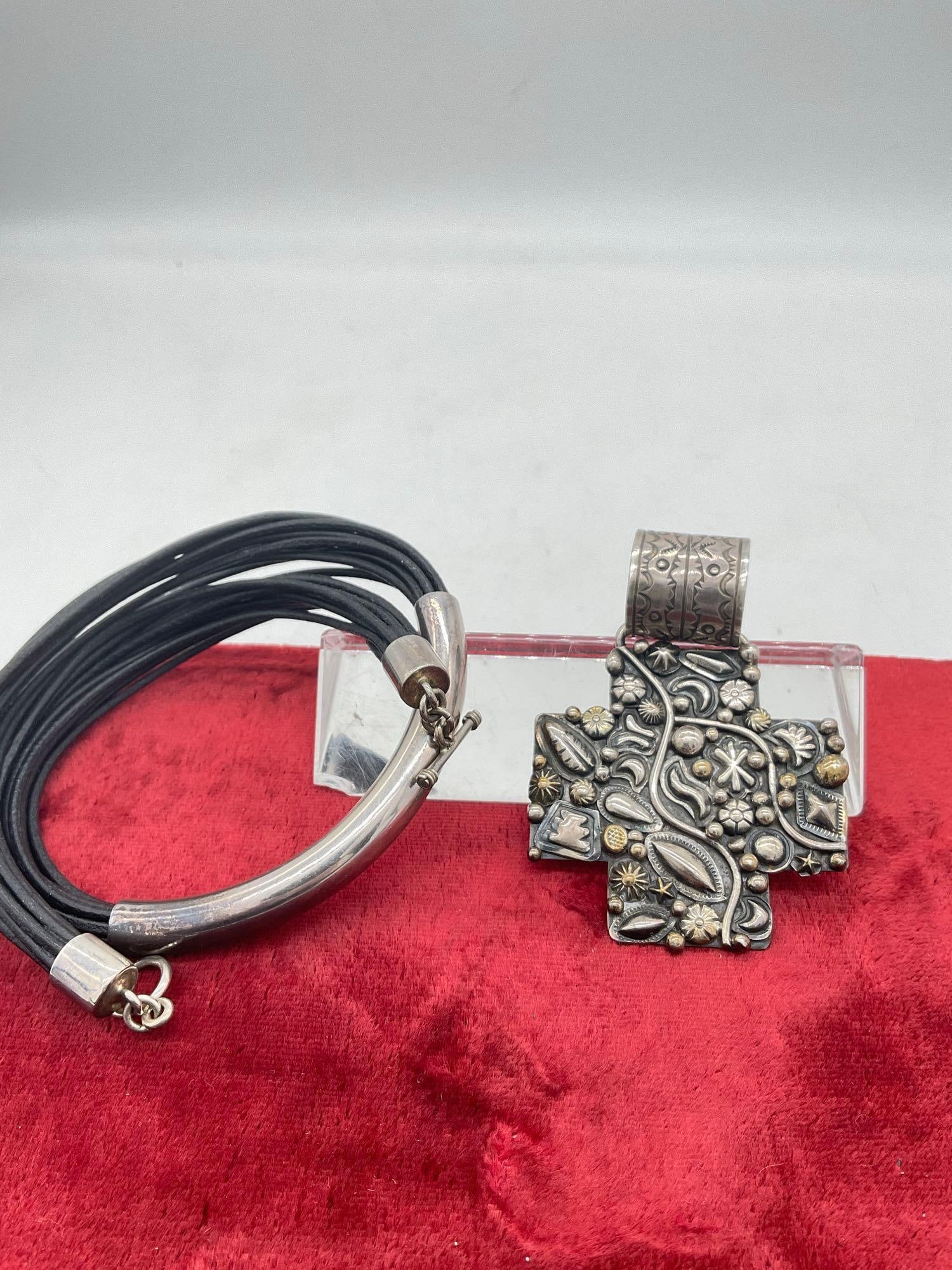 Signed Sterling Silver Choker Statement Necklace w/ Large Cross By Navajo Artist Ronnie Willie - 4