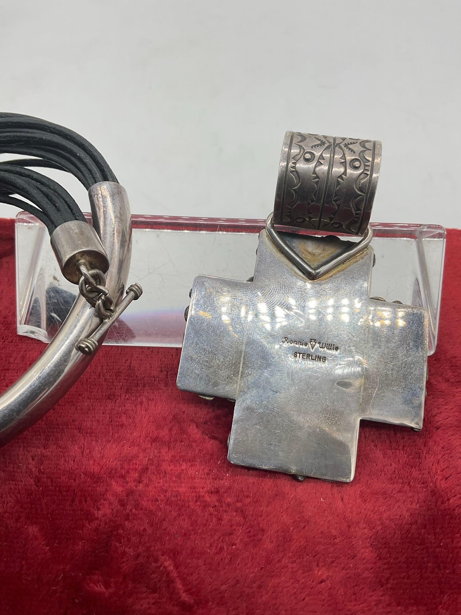 Signed Sterling Silver Choker Statement Necklace w/ Large Cross By Navajo Artist Ronnie Willie - 6