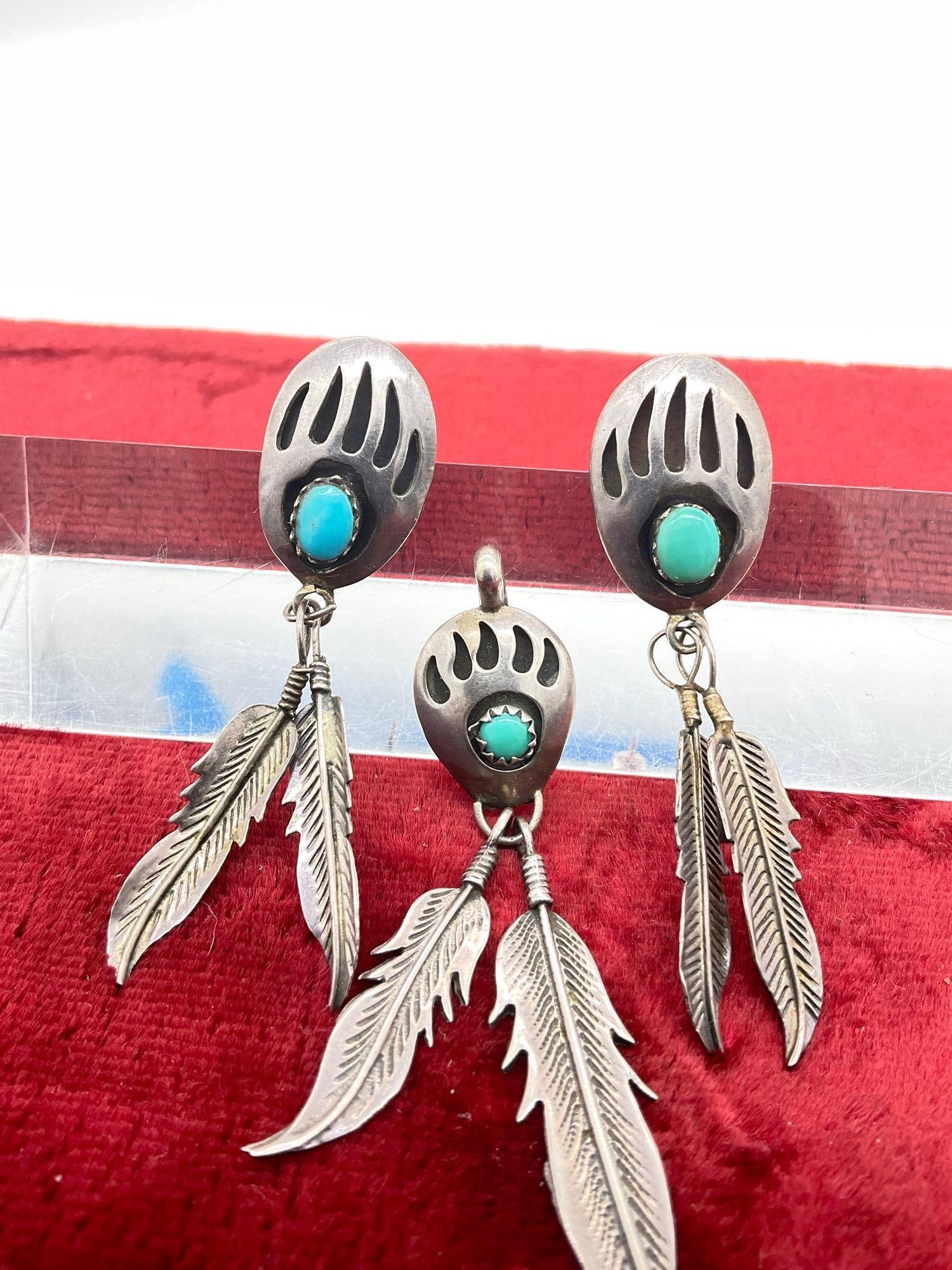 Native American Sterling Silver Dangle earrings & Pendant, w/ bear paw, turquois , feathers Design - 2