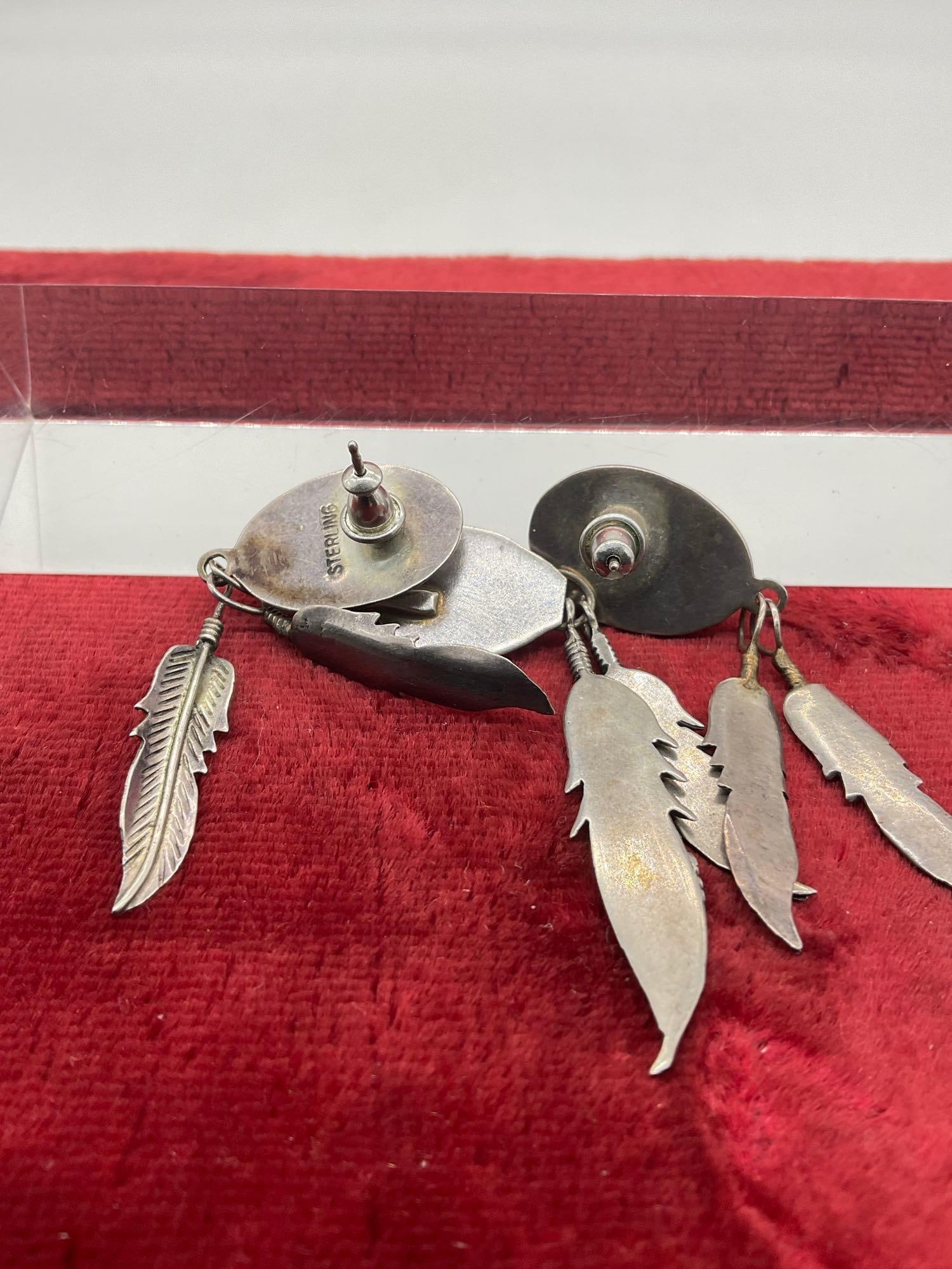 Native American Sterling Silver Dangle earrings & Pendant, w/ bear paw, turquois , feathers Design - 3