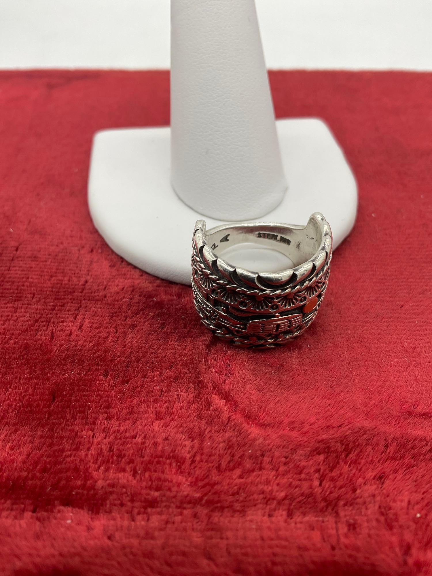 Signed Navajo Native American Sterling Silver Story Teller Ring By artist Paul Arviso - 4