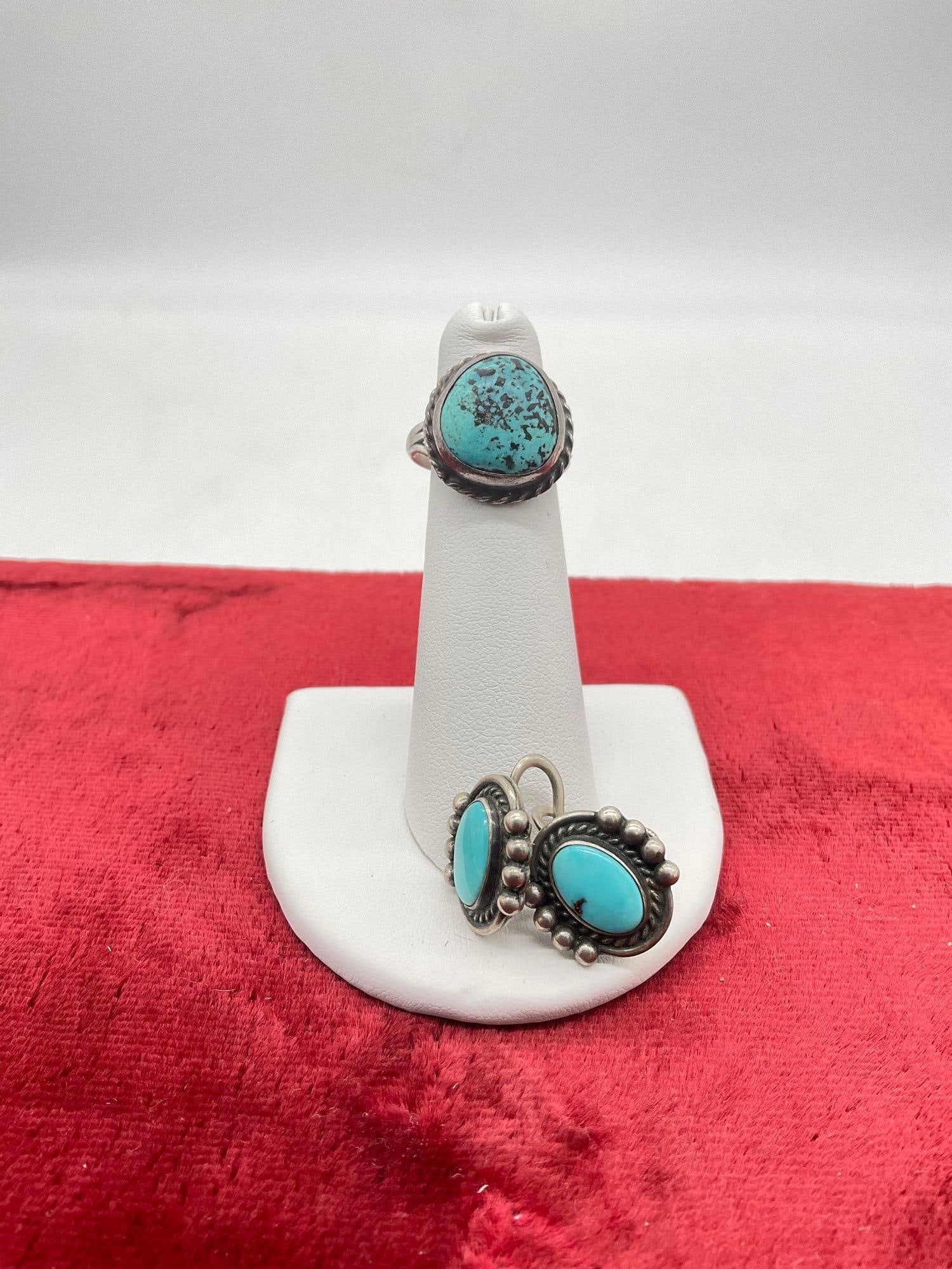 Most Likely Navajo Old pawn Sterling silver & Turquoise Ring w/ matching earring's Marked Hand Made: c-5180 Earrings are screw Back Marked Sterling Ring is tested Sz 4 