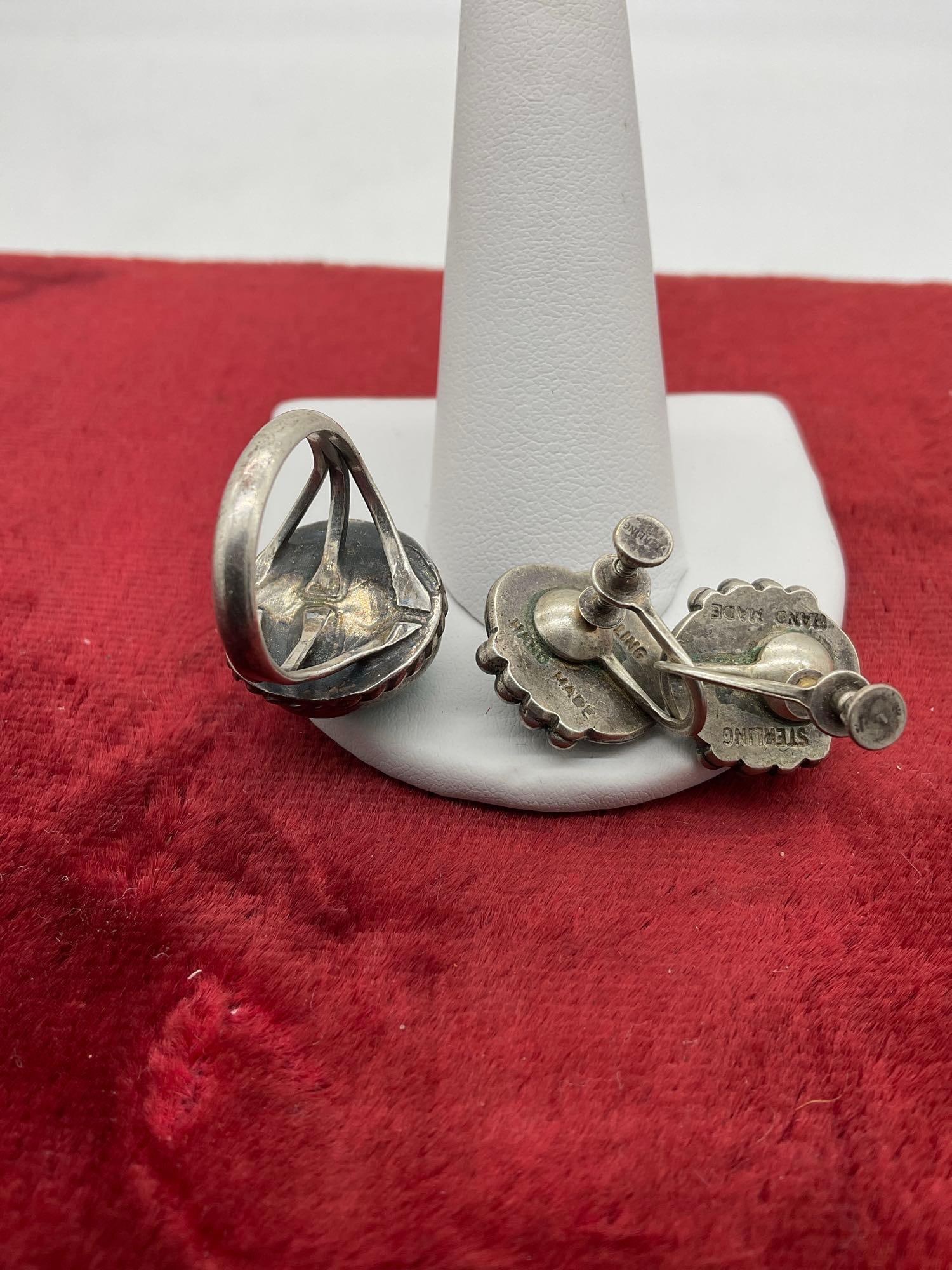 Most Likely Navajo Old pawn Sterling silver & Turquoise Ring w/ matching earring's Marked Hand Made - 3