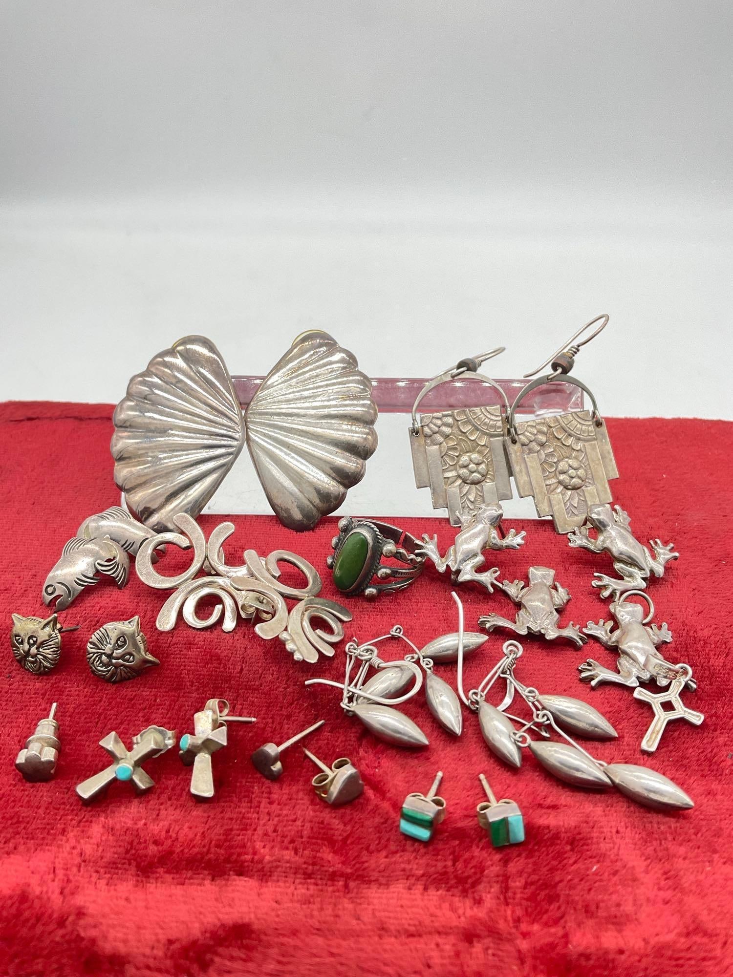 Sterling Silver Jewelry - 11x Sets of earrings, 2x frog, 1cross pendant, 1 old pawn Ring: c-5180 Ring has cut band and turquoise setting 58.09 total grams 