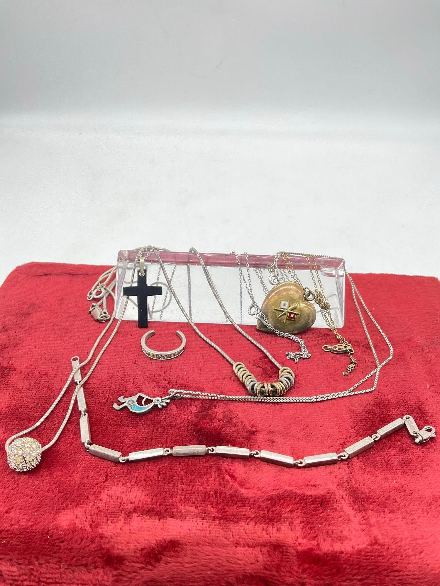 5 X Sterling silver necklaces 4 w/ pendants Kokopelli, Crystal, Cross, heart + 1 Bracelet & toe r...: c-5180 The heart Pendant is a locket circa 1940's & marked 1/20th gold plated over sterling Necklace is broken. mort necklace are 16" & 17" 