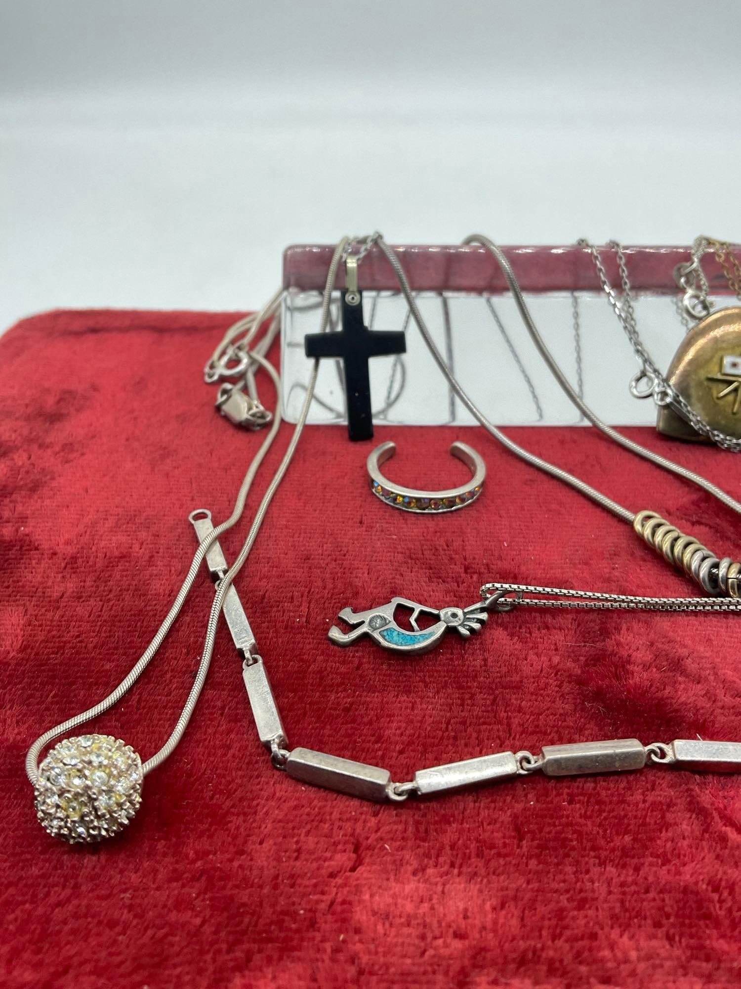 5 X Sterling silver necklaces 4 w/ pendants Kokopelli, Crystal, Cross, heart + 1 Bracelet & toe r... - 2