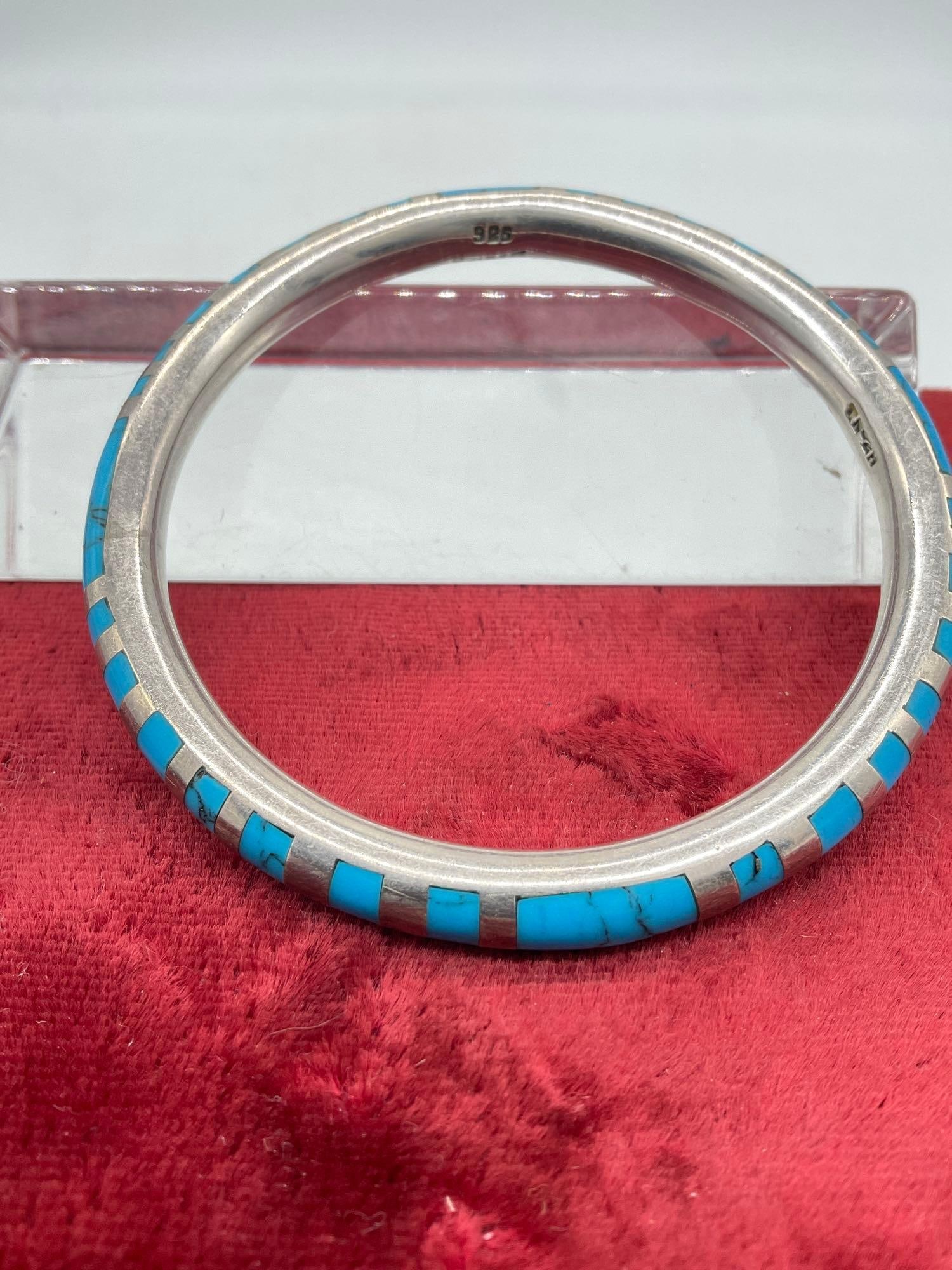 SW Mexico Native Sterling Silver signed Bangle Bracelet W/inlaid turquoise 36.75 grams - 2