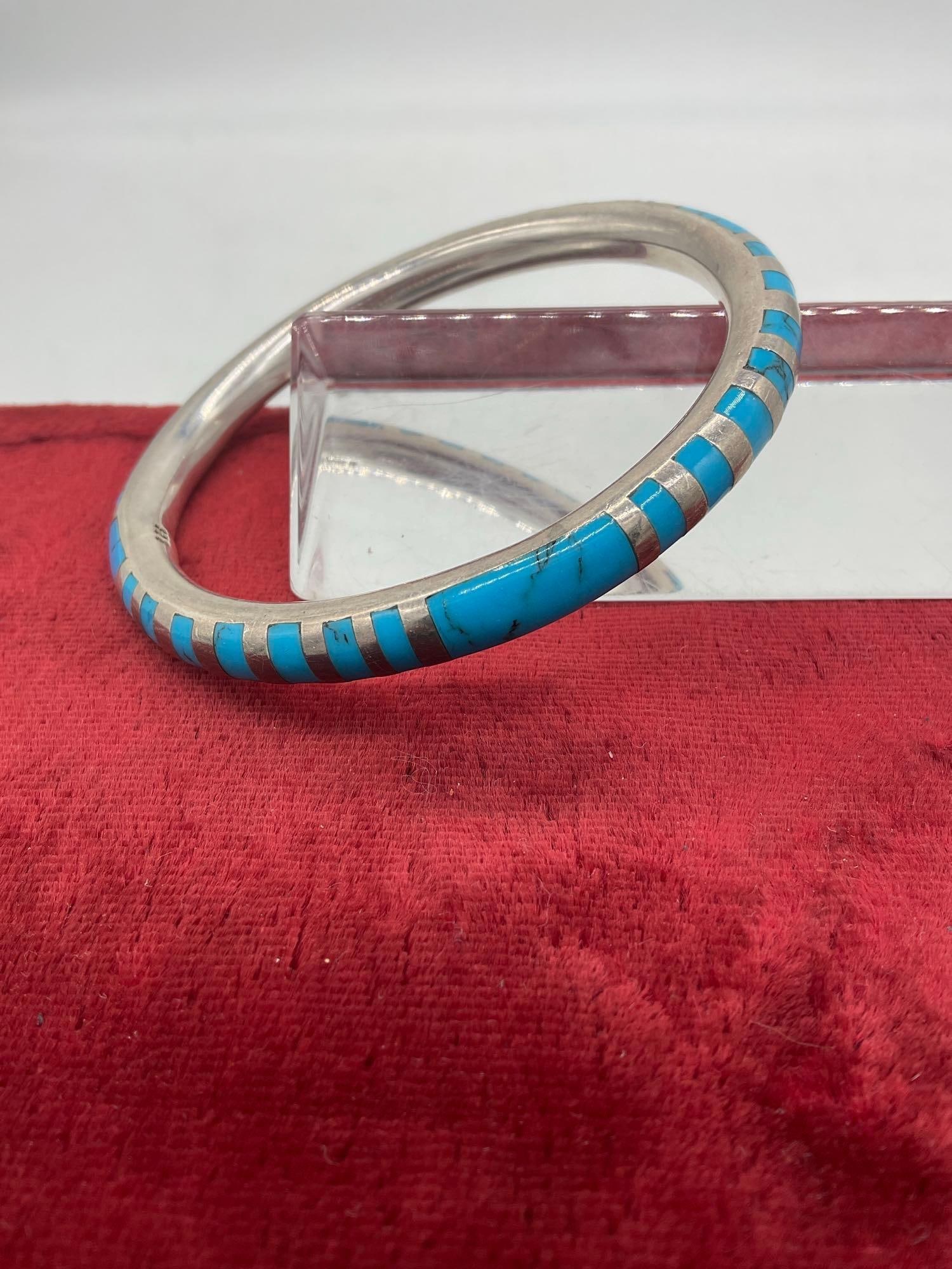 SW Mexico Native Sterling Silver signed Bangle Bracelet W/inlaid turquoise 36.75 grams - 3
