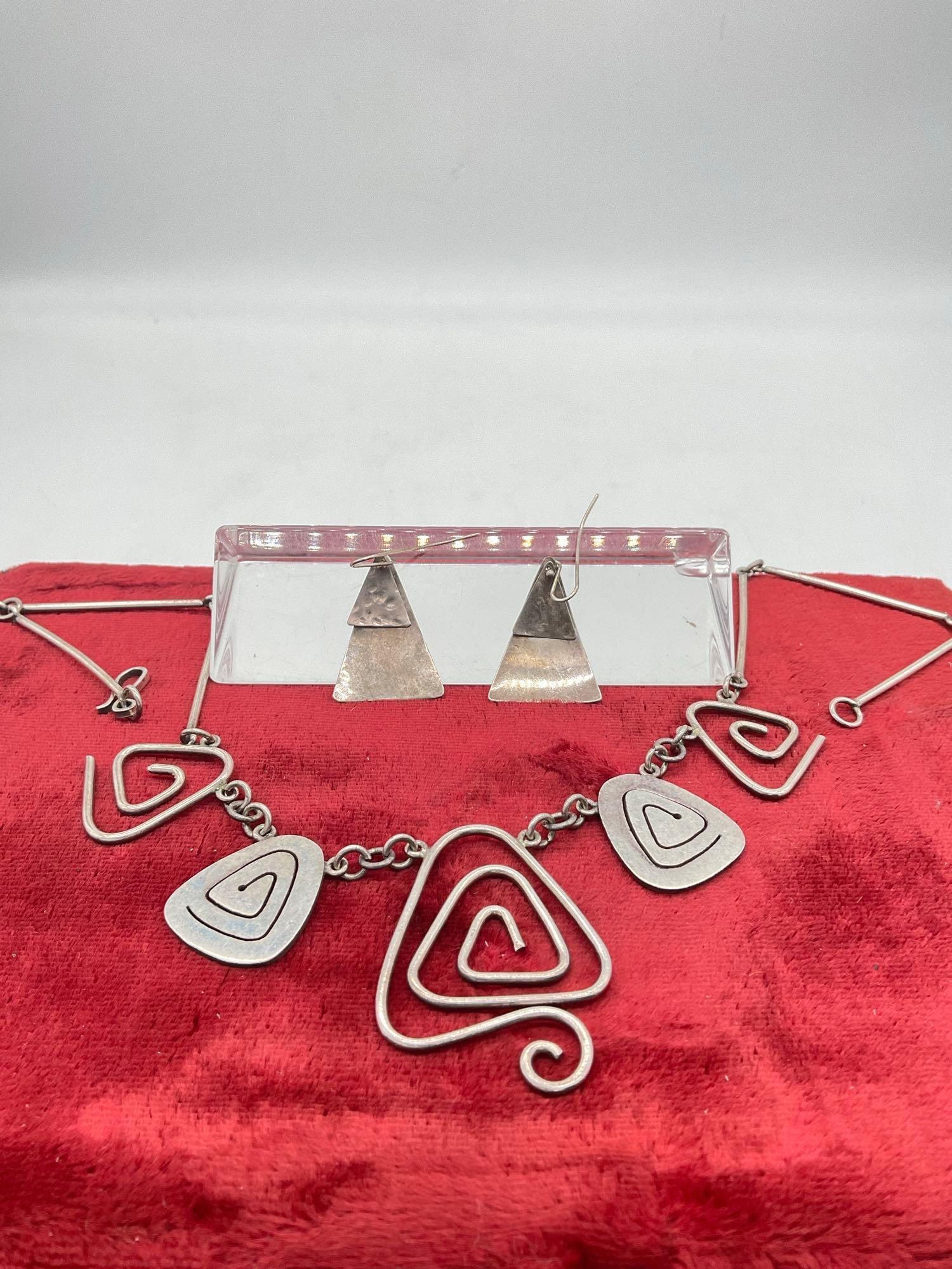 Vintage Sterling Silver Mid Century Necklace & Sterling signed Dangle earrings M.A Hassan: c-5180 17" necklace 35.10 grams 