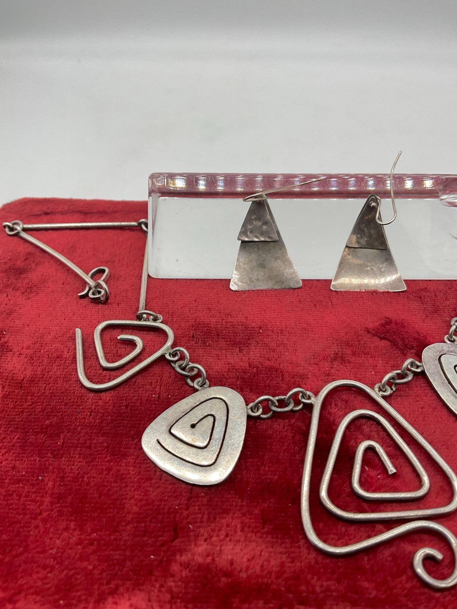 Vintage Sterling Silver Mid Century Necklace & Sterling signed Dangle earrings M.A Hassan - 2