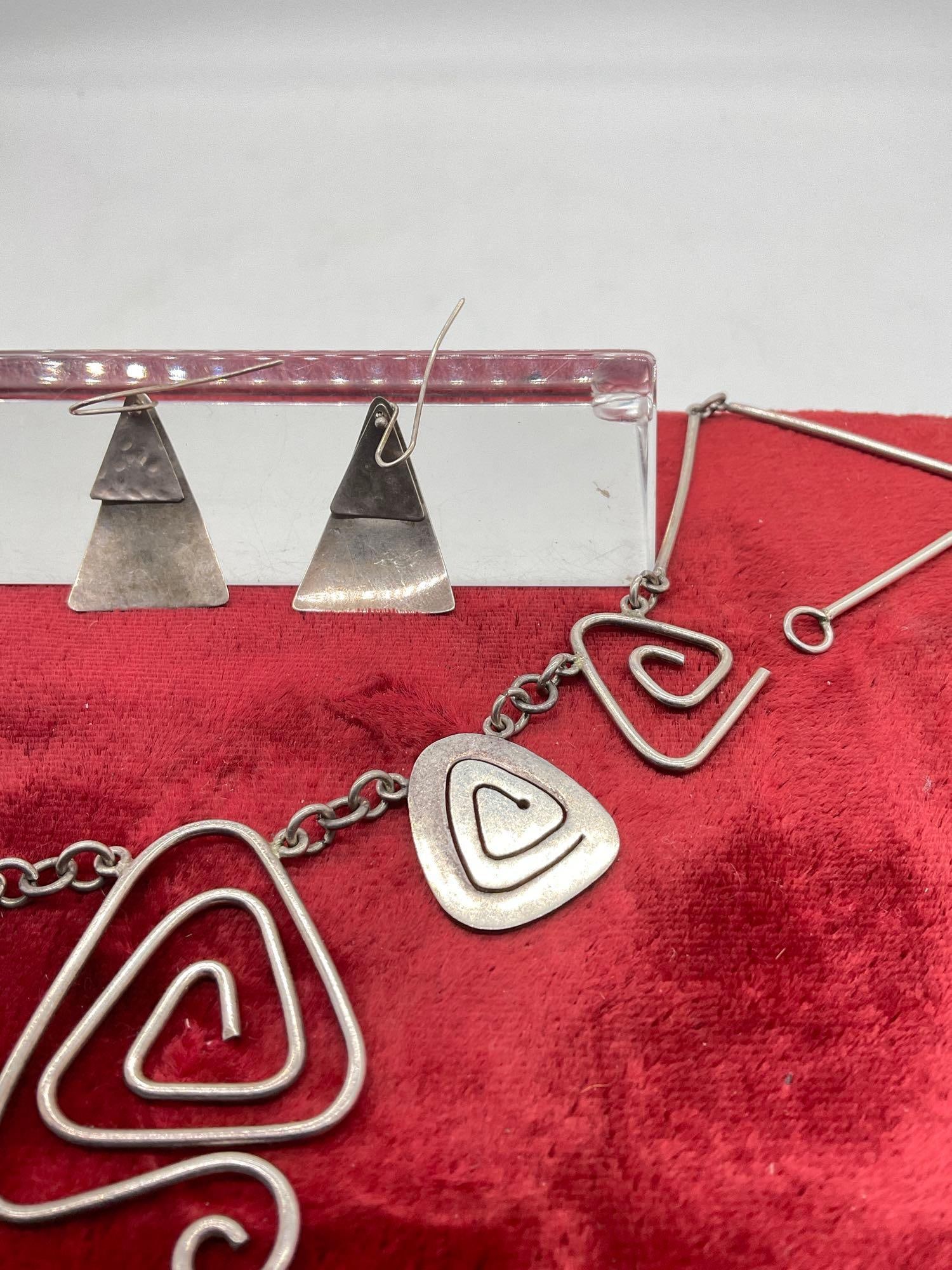 Vintage Sterling Silver Mid Century Necklace & Sterling signed Dangle earrings M.A Hassan - 3