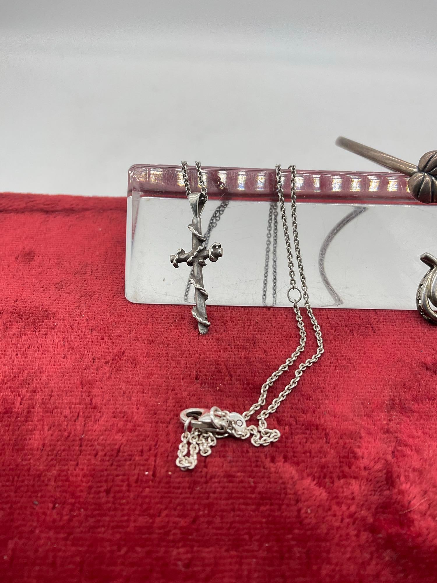 Vintage Pandora Sterling Silver Necklace w/ cross pendant +Sterling pendant & Bangle Bracelet - 2