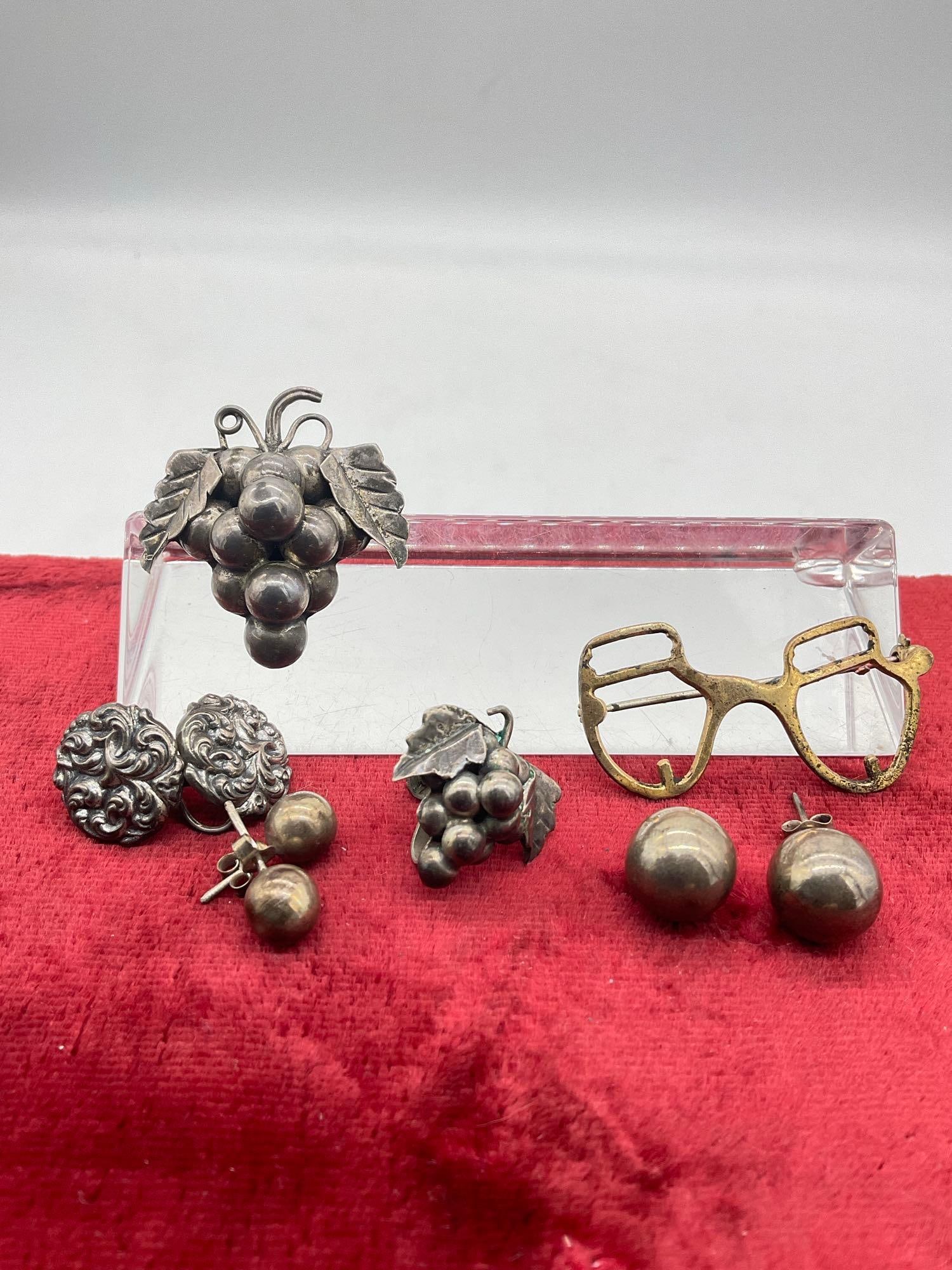 Vintage Sterling silver Grape cluster Pin W/ 3 sets of earrings & rare Coro Sterling Pin - 2