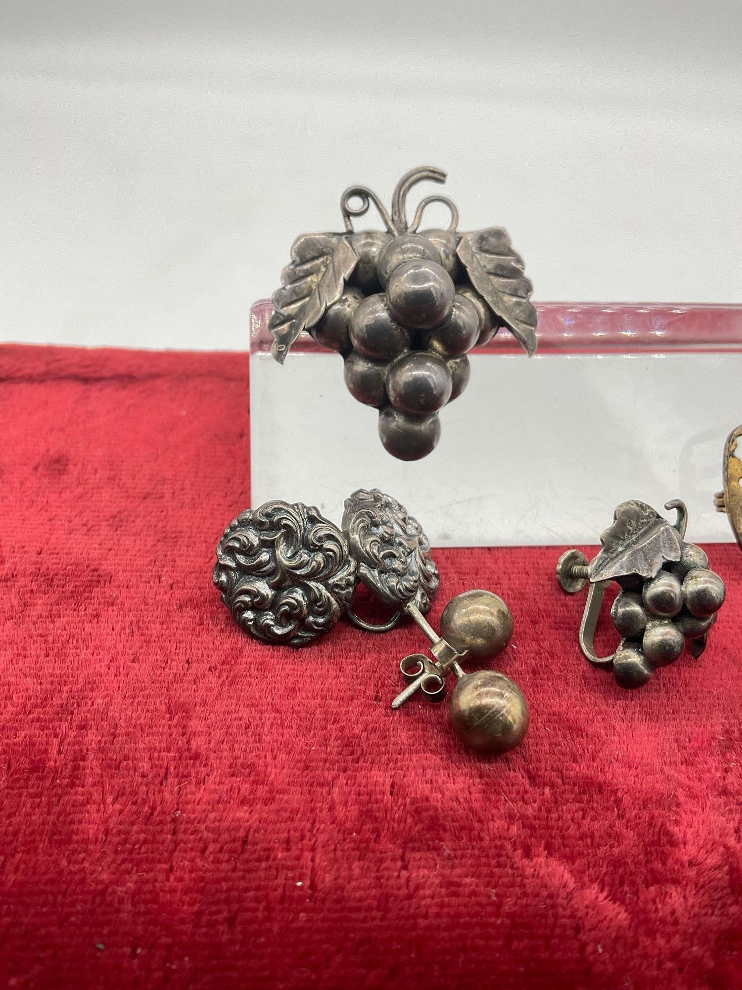 Vintage Sterling silver Grape cluster Pin W/ 3 sets of earrings & rare Coro Sterling Pin - 3