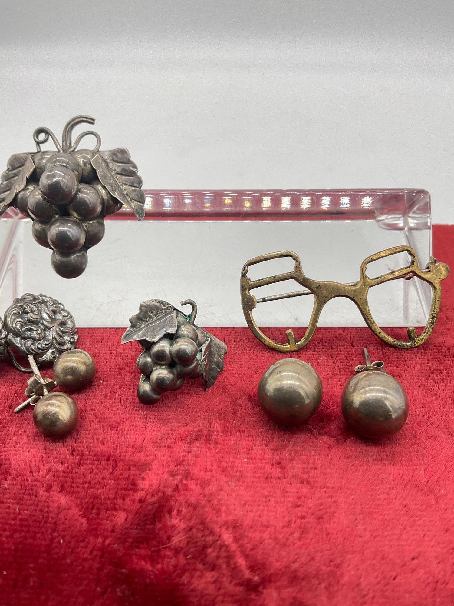 Vintage Sterling silver Grape cluster Pin W/ 3 sets of earrings & rare Coro Sterling Pin - 4