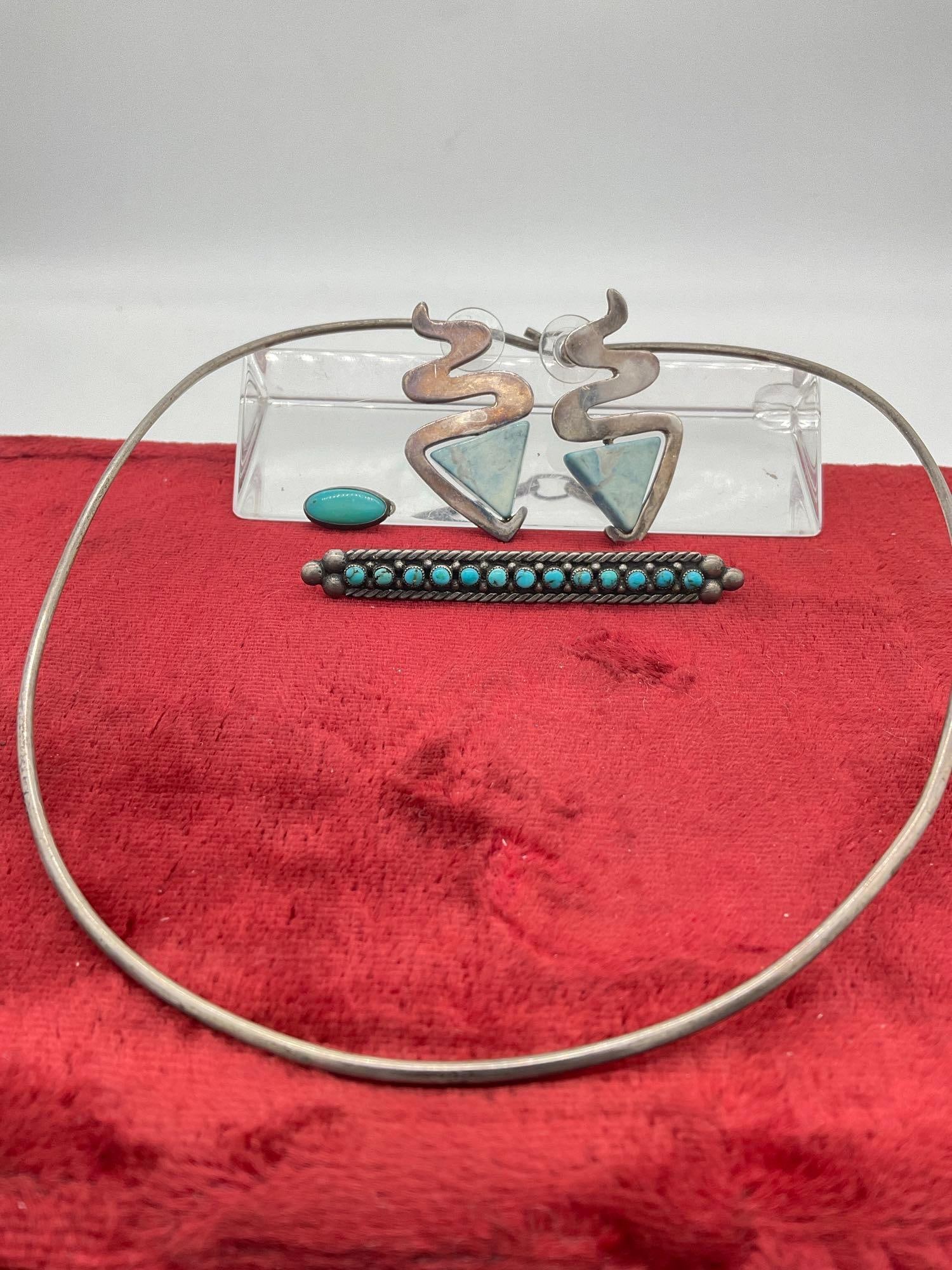 Native American Sterling Silver Snake Earrings w/ Turquoise setting, brooch, pendant & necklace: C-5180 earrings signed SK, all sterling silver marked or silver pawn metal 