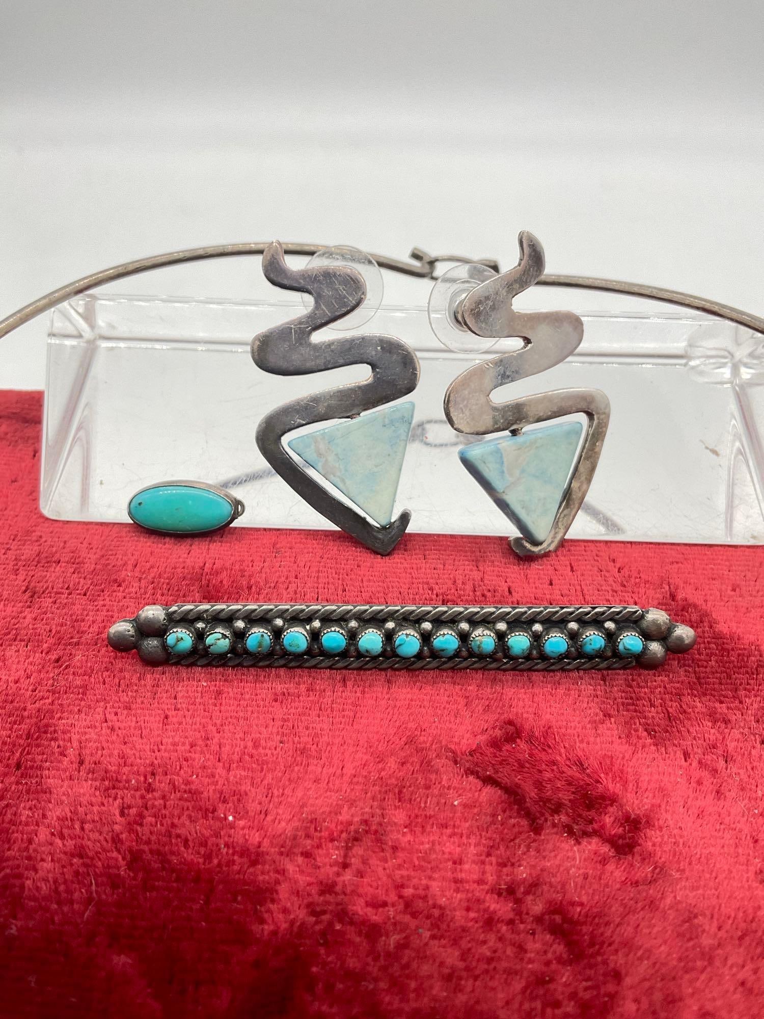 Native American Sterling Silver Snake Earrings w/ Turquoise setting, brooch, pendant & necklace - 2