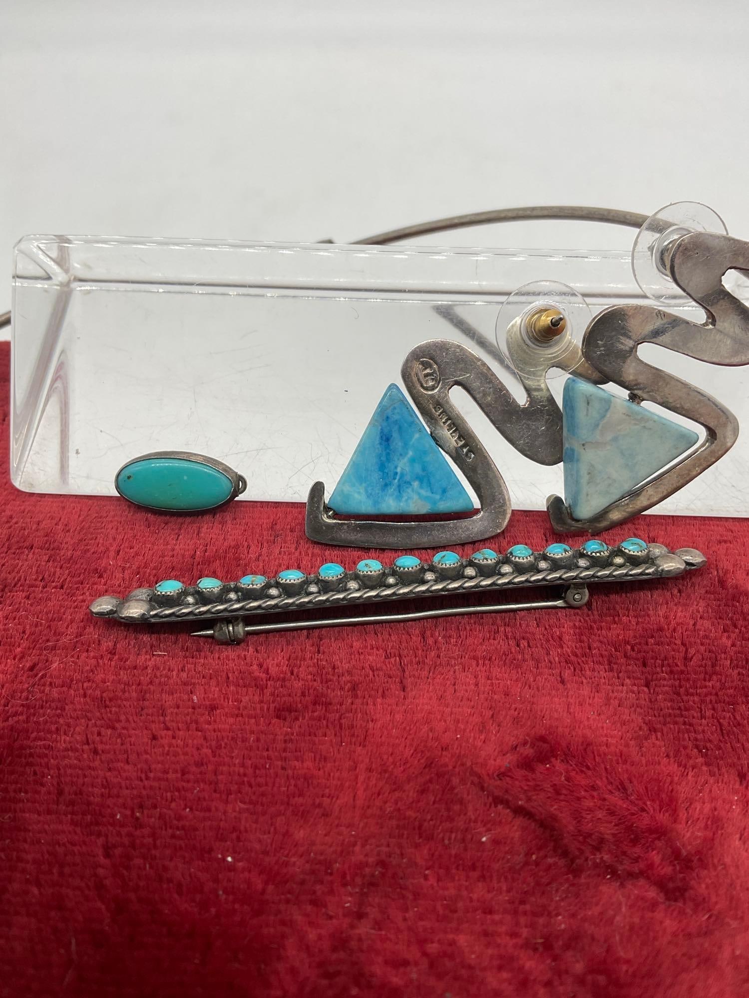Native American Sterling Silver Snake Earrings w/ Turquoise setting, brooch, pendant & necklace - 3