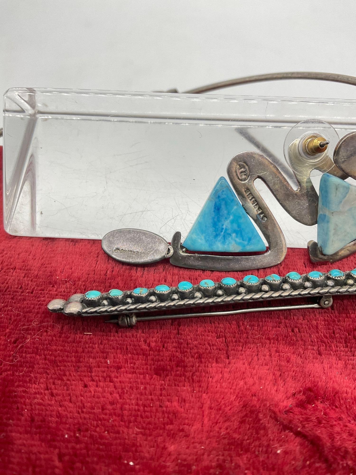 Native American Sterling Silver Snake Earrings w/ Turquoise setting, brooch, pendant & necklace - 4