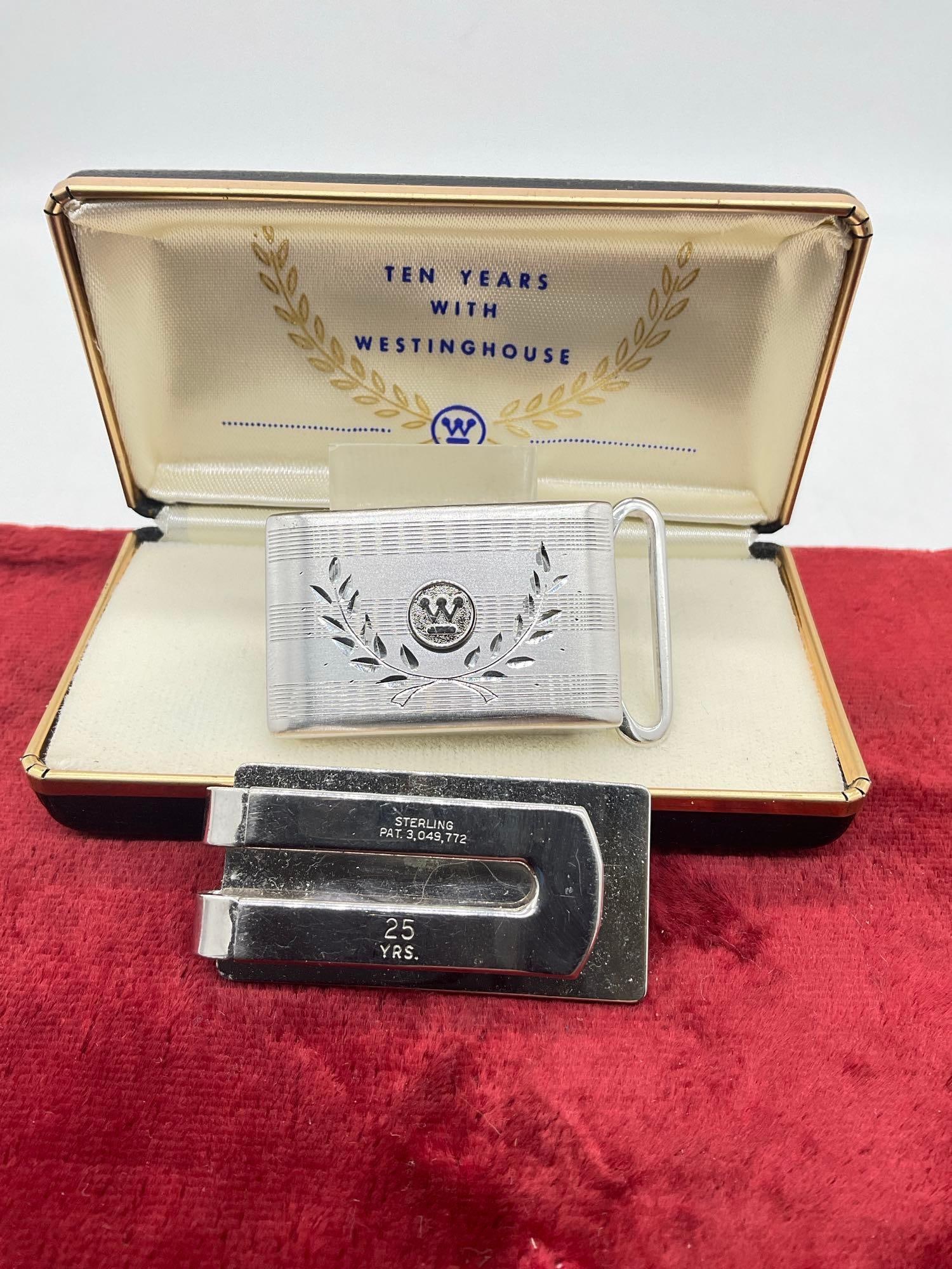 Vintage Westing House Sterling Silver 25 year award Money clip & 10 Year belt buckle - 3