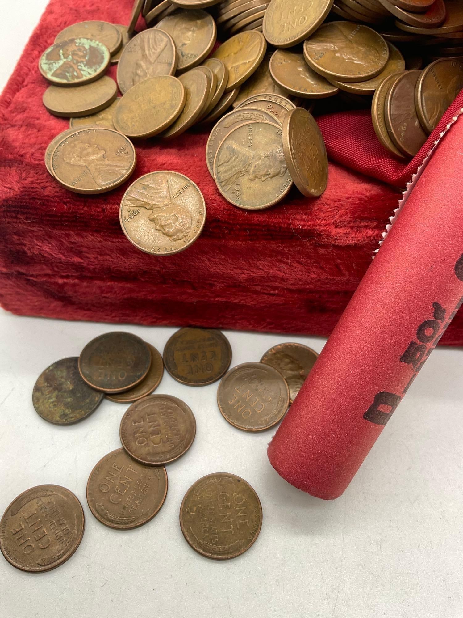 8 to 9 pound bag of wheat pennies + sealed vintage Bank Roll of Copper Memorial pennies - 2