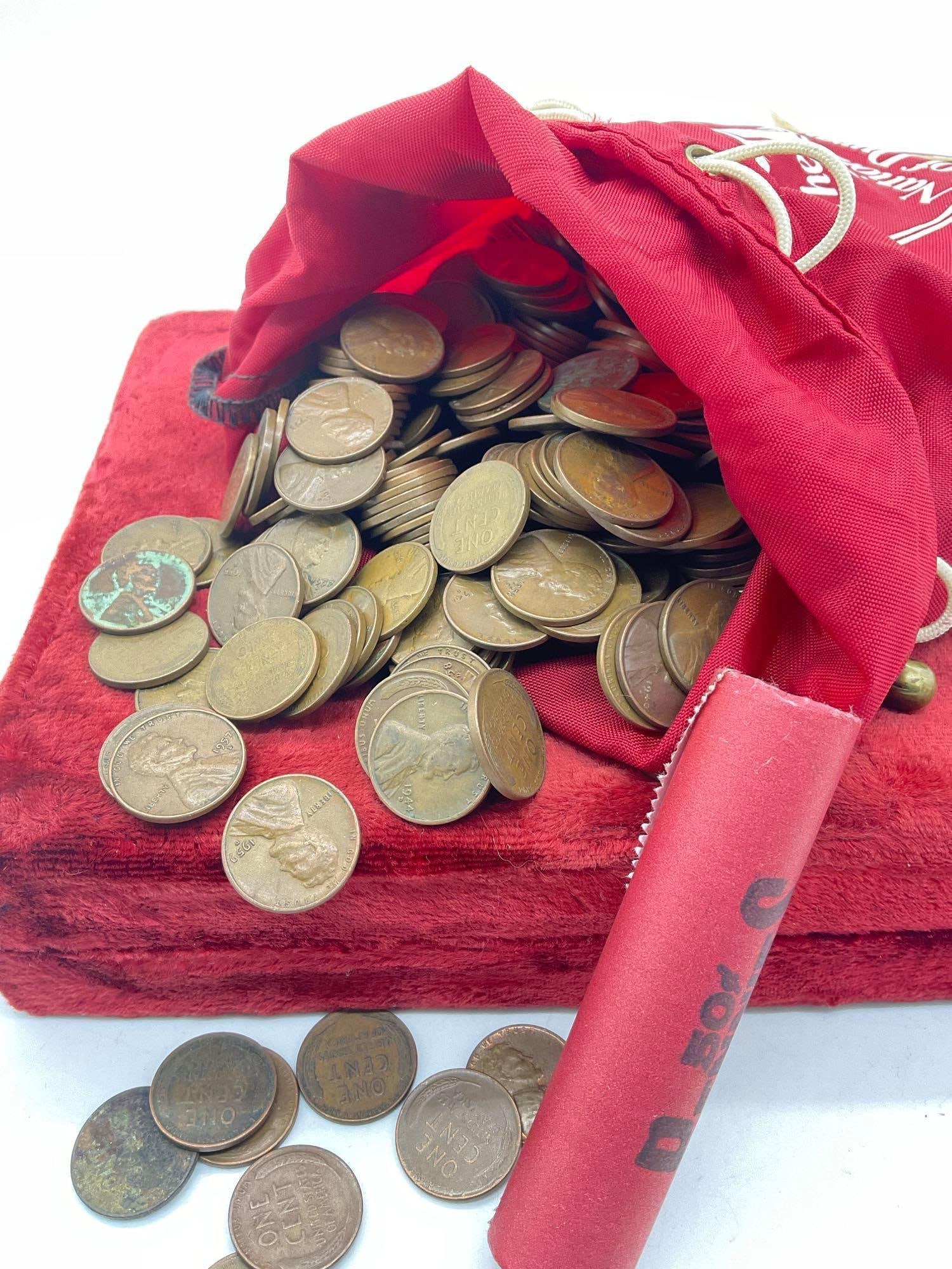 8 to 9 pound bag of wheat pennies + sealed vintage Bank Roll of Copper Memorial pennies - 3